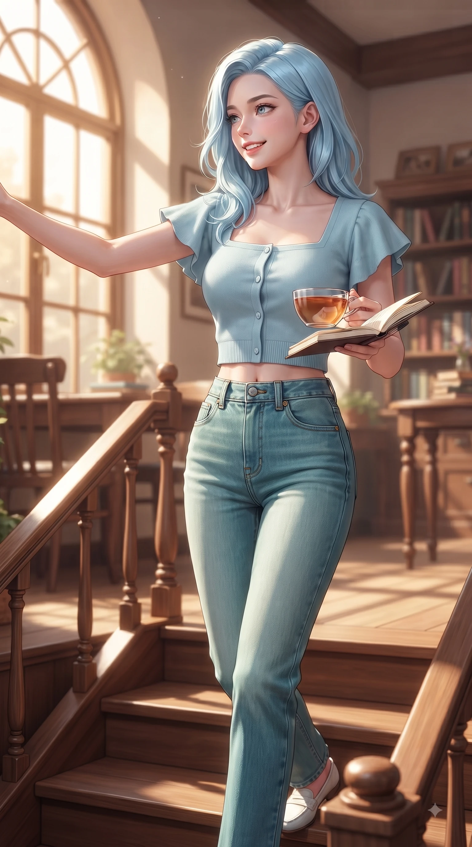 score_9, masterpiece, best quality, ultra-detailed, high-budget anime keyframe, editorial fashion photography, tasteful artistic composition, Korean woman. close-up cowboy shot from the waist and thighs up, the character dominates the composition, filling the frame with her large presence. Extending one arm in an elegant stretch toward the light while smiling with vibrant, youthful self-assurance while stepping down a polished wooden staircase carrying a cup of tea and a notebook with joyful grace. The composition keeps background elements in soft focus with dreamy bokeh. sun-drenched library windows and vintage wooden furniture softened in quiet shallow focus. She has an exceptionally elegant, slender, and willowy female figure with an ultra-slim waist, a gracefully sculpted slender torso, and a refined silhouette. sharp v-shaped jawline, high-bridge nose, intricate jewel-like eyes with depth, thick eyelashes, glossy lips with a natural sheen, flawlessly proportioned anatomical accuracy, natural body alignment, perfectly sculpted elegant limbs, clean dynamic posture without body distortion. wearing a casual chic pastel blue cropped cardigan with high-rise straight-leg denim jeans in ocean turquoise and sea-salt white, tailored from crisp cotton poplin, featuring elegant flutter sleeves and a graceful square neckline, the soft airy drape swaying gracefully with her dynamic movements. surrounded by a cozy, serene, and healing book cafe atmosphere. ultra-reflective glossy finish, specular highlights, metallic sheen, high-contrast stereoscopic depth, volumetric dynamic lighting, 2k, ultra detail, master piece, 9:16 ratio