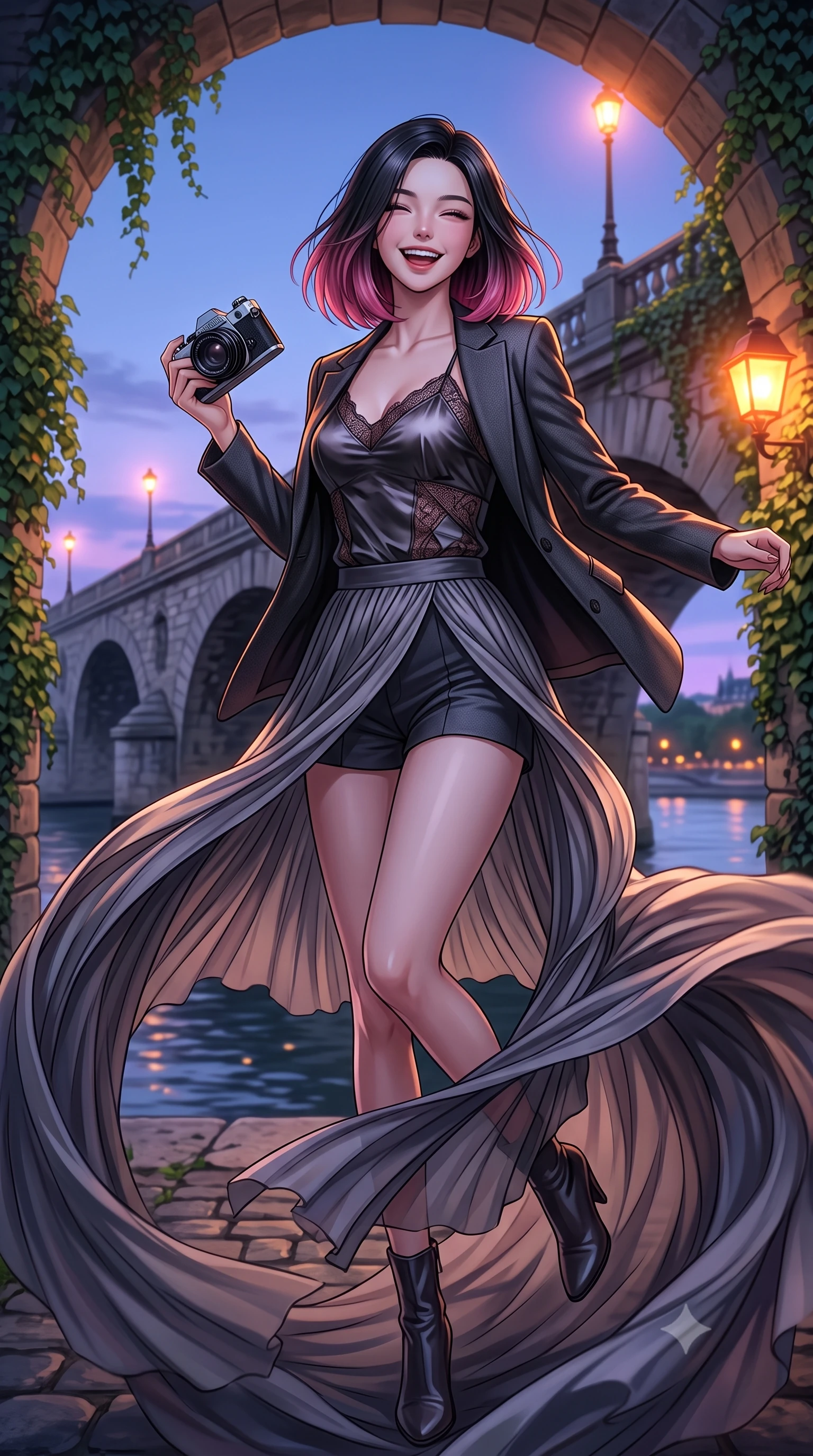 score_9, masterpiece, best quality, ultra-detailed, high-budget anime keyframe, editorial fashion photography, tasteful artistic composition, Korean woman. low angle full-body shot from head to toe showing her feet, filling the entire 9:16 vertical frame with her statuesque presence, stretching her vertical silhouette. twirling around with a playful, cute laugh, her skirt billowing beautifully in the air set against a soft-focus background of next to a scenic river bridge with stone arches and green ivy vines with a vintage camera in her hand and a warm, cute grin. She has an absolutely perfect, statuesque 8.5-heads proportion, an exceptionally tall and slender model-like female figure with impossibly long slender legs and an ultra-slim waist. sharp v-shaped jawline, high-bridge nose, intricate jewel-like eyes with depth, thick eyelashes, glossy lips with a natural sheen. wearing form-contouring delicate silk camisole with lace panels and a tailored blazer worn open over form-contouring shorts. cool twilight sky glow contrasting with the warm orange light of streetlamps. highly saturated vibrant anime colors, detailed shading with soft gradients, rich glossy textures, high-contrast stereoscopic depth, volumetric dynamic lighting, master piece, 9:16 ratio