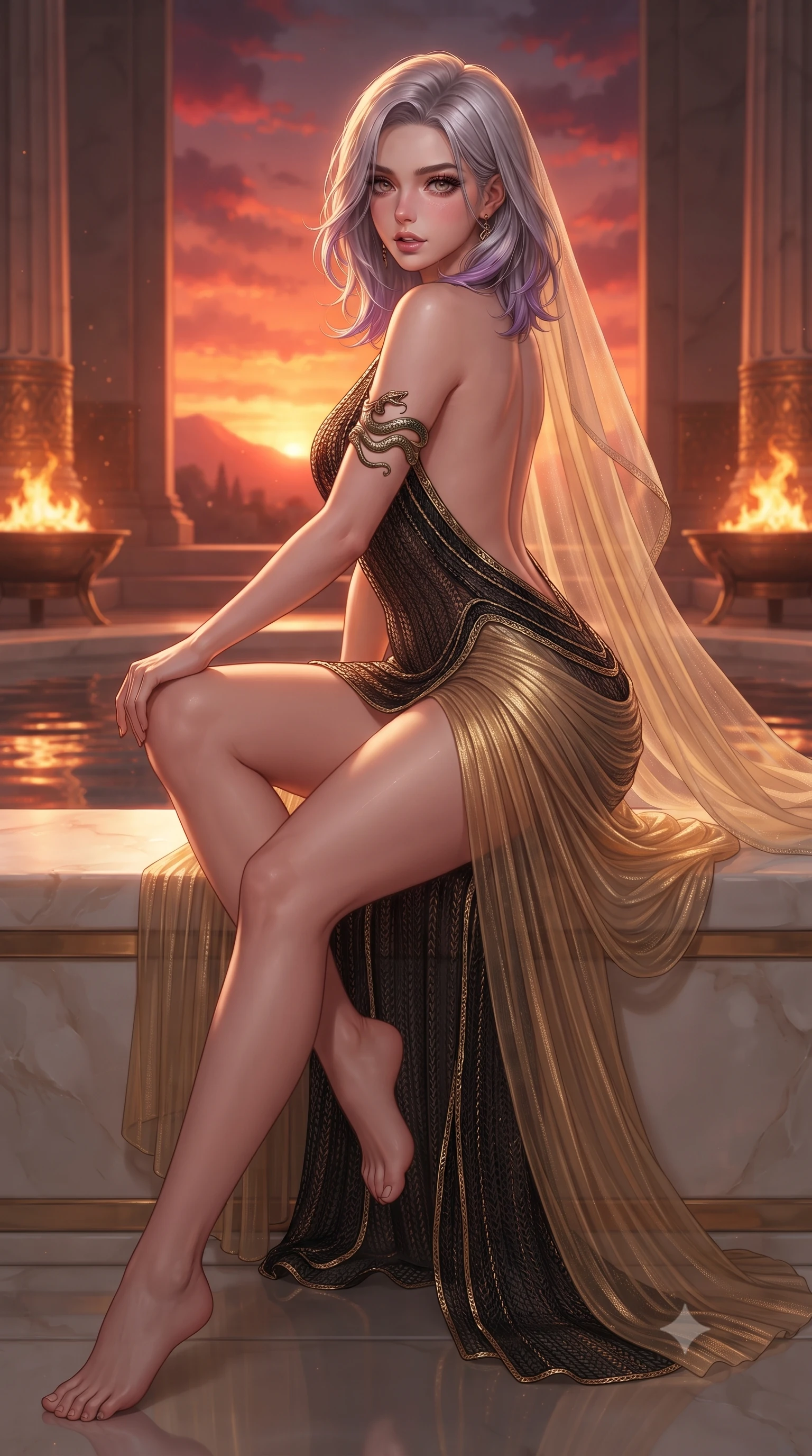 score_9, masterpiece, best quality, ultra-detailed, high-budget anime keyframe, editorial fashion photography, tasteful artistic composition, Caucasian woman. low angle full-body shot from head to toe showing her feet, filling the entire 9:16 vertical frame with her statuesque presence, stretching her vertical silhouette. sitting perched on the elevated edge with hips angled toward the camera and legs crossed, displaying her toned midriff and flawlessly sculpted slender limbs while pivoting gracefully on the polished alabaster temple floor, her sheer pleated gold drapery swirling around her statuesque hips and long legs. The surrounding environment is rendered in vivid detail and crisp panoramic clarity. detailed hammered gold jewelry textures, pleated linen weave, and temple water reflections in high clarity. She has an absolutely perfect, statuesque 8.5-heads proportion, an exceptionally tall and slender model-like female figure with impossibly long slender legs, a toned flat midriff, an ultra-slim waist, and beautifully sculpted feminine hips. sharp v-shaped jawline, high-bridge nose, intricate jewel-like eyes with depth, thick eyelashes, glossy parted lips with a natural sheen, intensely captivating and seductive bedroom-eyes expression, flawlessly proportioned anatomical accuracy, strict slender model proportions, natural body alignment, perfectly sculpted long slender limbs, ultra-slim waistline, clean dynamic posture without body distortion. wearing a backless draped gold lamé slip dress with an ultra-deep cowl back descending to the base of her spine in deep obsidian black and metallic gold trim, woven from semi-sheer open crochet knit with gold thread accents, accessorized with an engraved brass serpent armlet and sweeping sheer chiffon veil, the dramatically scooped open back descending to the base of her spine, accentuating her razor-sharp statuesque lines and curvy hourglass silhouette. bathed in blazing crimson sunset backlighting and warm amber brazier fire uplights. ultra-reflective glossy finish, specular highlights, rich textural contrasts, high-contrast stereoscopic depth, volumetric dynamic lighting, 2k, ultra detail, master piece, 9:16 ratio