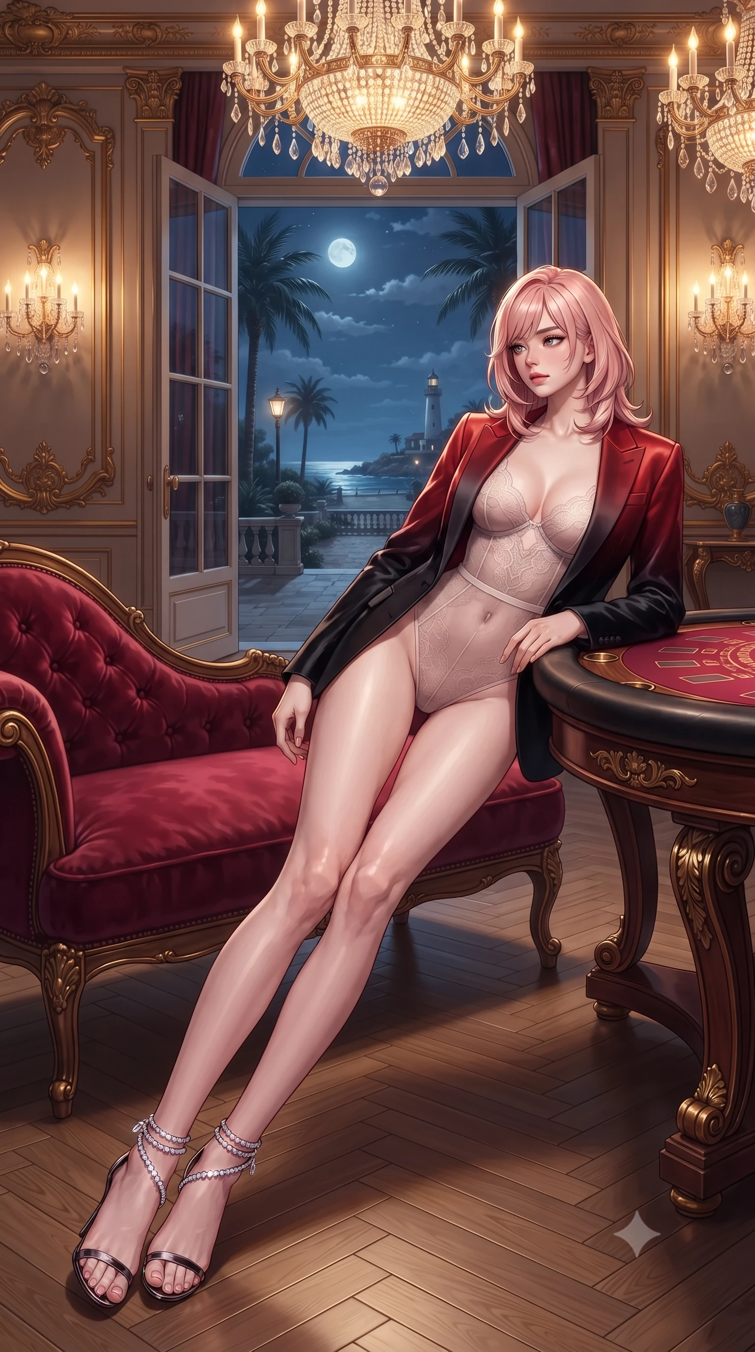 score_9, masterpiece, best quality, ultra-detailed, high-budget anime keyframe, editorial fashion photography, tasteful artistic composition, Japanese woman. low angle full-body shot from head to toe showing her feet, filling the entire 9:16 vertical frame with her statuesque presence, stretching her vertical silhouette. reclining gracefully across the plush chaise lounge with one leg extended, her sculpted silhouette and flat midriff radiating magnetic nocturnal glamour while leaning against the private mahogany baccarat table with hips cocked back, looking through French doors toward the moonlit seaside promenade with heavy-lidded bedroom-eyes. The surrounding environment is rendered in vivid detail and crisp panoramic clarity: sharp hand-carved gilded boiserie wreaths, chevron oak parquet wood grain, and leaded crystal chandelier facets in deep focus. She has an exceptionally tall and slender model-like 8.5-heads proportion, an ultra-slim waist, a flat toned midriff, narrow delicate ribcage, and beautifully sculpted feminine hips creating a graceful, slim hourglass silhouette without any bulky heaviness, with impossibly long slender legs. sharp v-shaped jawline, high-bridge nose, intricate jewel-like sparkling eyes with depth, thick eyelashes, glossy parted lips with a natural peach sheen, bright cheerful beaming smile with an enchanting and coquettish sensual glint, exuding both youthful cute charm and seductive allure, flawlessly proportioned anatomical accuracy, strict slender model proportions, natural body alignment, perfectly sculpted long slender limbs, ultra-slim waistline, clean dynamic posture without body distortion. wearing a delicate sheer French Chantilly lace teddy layered under an open tailored tuxedo blazer draped over bare shoulders in Reinefjorden rorbu vermilion red and obsidian granite, tailored from ultra-plush silk velvet with rich tactile depth and deep shadow gradients, complemented by strappy stiletto sandals with crystal ankle wraps accentuating her slender calves, the liquid-tight tailored fabric clinging flawlessly to her narrow waist and rounded feminine hips, emphasizing every millimeter of her sculpted slim hourglass curves without any bulky heaviness. bathed in the warm radiant 2600K golden illumination of multi-tiered crystal chandeliers dimmed to an intimate VIP salon ambiance. ultra-reflective glossy finish, specular highlights, rich textural contrasts, high-contrast stereoscopic depth, volumetric dynamic lighting, 2k, ultra detail, master piece, 9:16 ratio
