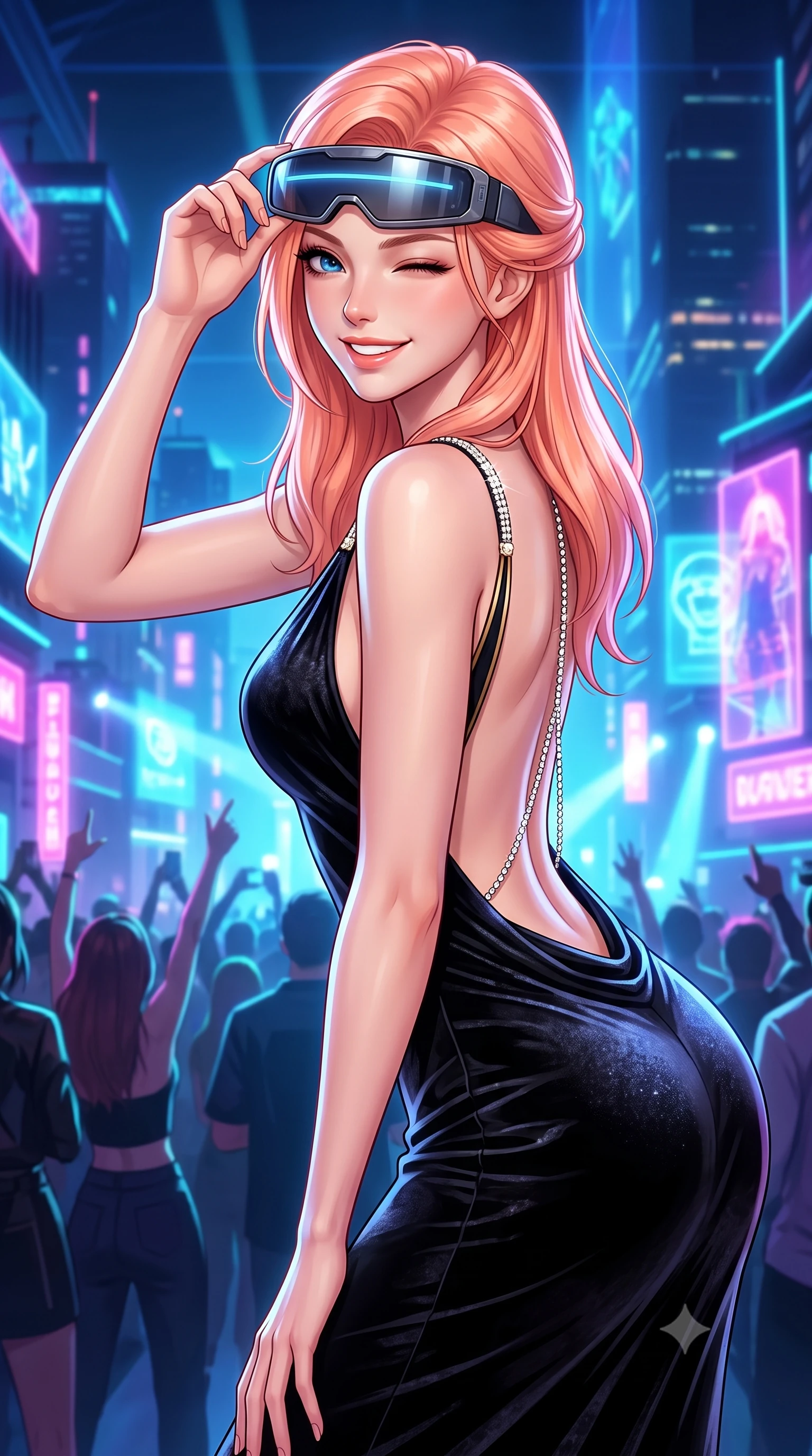 score_9, masterpiece, best quality, ultra-detailed, high-budget anime keyframe, semi-realistic 3D game render, editorial fashion photography, tasteful artistic composition, Japanese woman. close-up cowboy shot from the waist and thighs up, the character dominates the composition, filling the frame with her large presence. leaning forward with playful, captivating grace, her sculpted collarbones and slender neckline highlighted by directional light while adjusting her futuristic cyber-visor over her brow while casting a bold, playful wink and bright smile into the camera. The surrounding environment is rendered in vivid detail and crisp panoramic clarity. vibrant futuristic rave chiaroscuro and exhilarating high-altitude electronic nightlife in precision. She has an exceptionally elegant, slender, and willowy female figure with an ultra-slim waist, a gracefully sculpted slender torso, toned flat midriff, and a refined slim silhouette. sharp v-shaped jawline, high-bridge nose, intricate jewel-like eyes with depth, thick eyelashes, glossy lips with a natural sheen, captivating and magnetic expression, flawlessly proportioned anatomical accuracy, strict slender model proportions, natural body alignment, perfectly sculpted long slender limbs, ultra-slim waistline, clean dynamic posture without body distortion. wearing an opulent backless black velvet evening gown with a plunging cowl back and diamond-encrusted shoulder straps in midnight black and liquid gold, crafted from heavyweight crushed silk velvet with liquid luster, accented with a glittering diamond back chain tracing her bare spine edition #30, the sleek tailored cut tightly hugging her graceful clavicle, narrow waist, and feminine curves with statuesque precision. surrounded by a vibrant, fearless, and passionately energetic Y2K party queen aura. highly saturated vibrant anime colors, detailed shading with soft gradients, rich glossy textures, high-contrast stereoscopic depth, volumetric dynamic lighting, master piece, 9:16 ratio