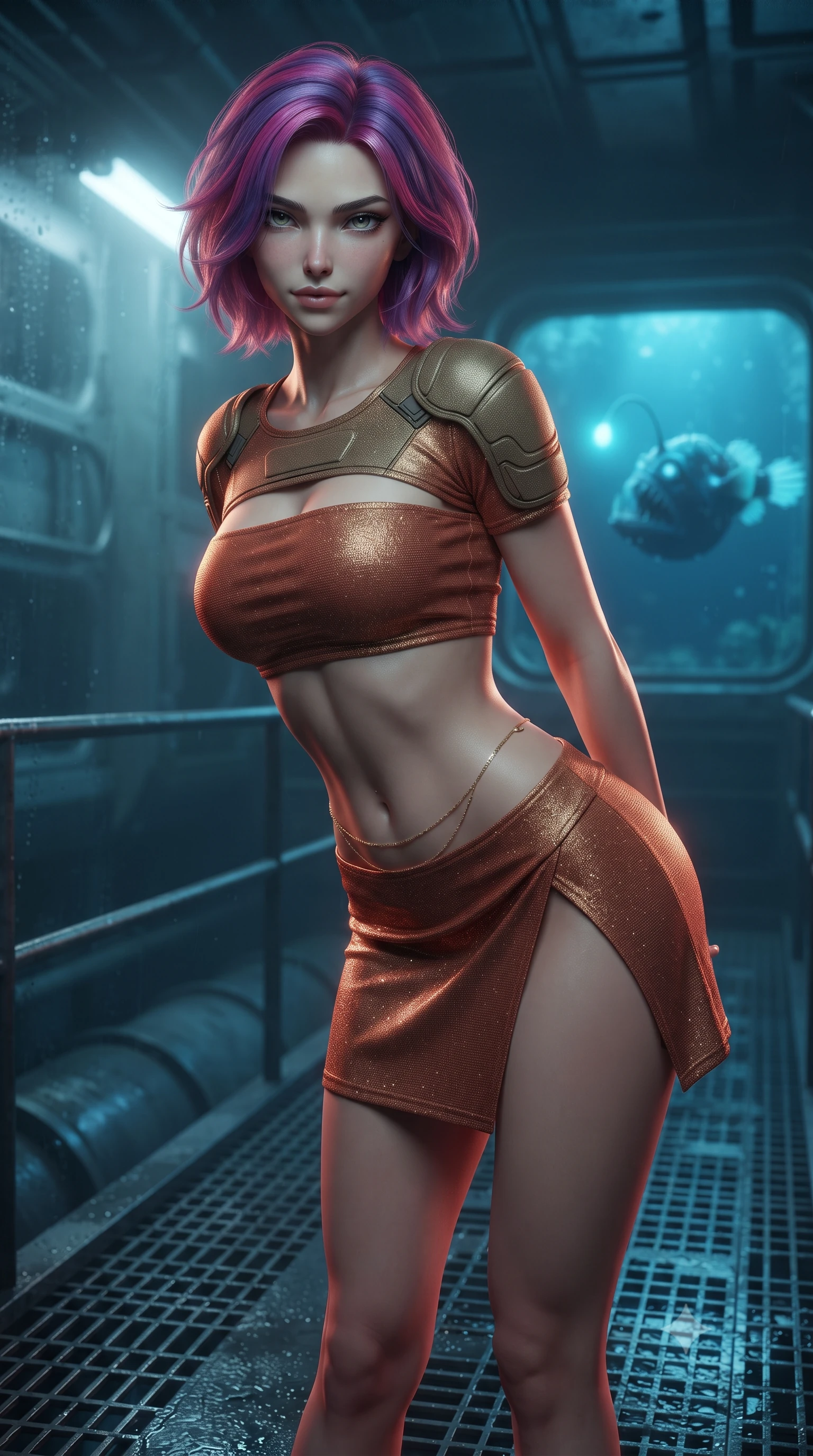 score_9, masterpiece, best quality, ultra-detailed, high-budget anime keyframe, editorial fashion photography, tasteful artistic composition, Caucasian woman. close-up cowboy shot from the waist and thighs up, the character dominates the composition, filling the frame with her large presence. leaning forward while arching her lower back to accentuate her curvy hips, looking into the camera with an intoxicating smoldering gaze and bedroom-eyes while standing poised on the grated steel catwalk above flooded torpedo launch tubes, arching her spine with mysterious siren elegance as deep-sea anglerfish glow through the thick glass. The background shows a soft-focus condensing humidity droplets softened in deep-sea combat submarine bay shallow focus. She has an exceptionally elegant, slender, and willowy female figure with an ultra-slim waist, flat toned midriff, narrow ribcage, and sculpted feminine hips creating an alluring, slim hourglass silhouette without bulk. sharp v-shaped jawline, high-bridge nose, intricate jewel-like sparkling eyes with depth, thick eyelashes, glossy parted lips with a natural peach sheen, bright cheerful beaming smile with an enchanting and coquettish sensual glint, exuding both youthful cute charm and seductive allure, flawlessly proportioned anatomical accuracy, strict slender model proportions, natural body alignment, perfectly sculpted long slender limbs, ultra-slim waistline, clean dynamic posture without body distortion. wearing an ultra-cropped tactical tech-wear bandeau top with molded shoulder armor paired with a micro mini skirt revealing her flat toned midriff in Martian desert terracotta and dust-storm gold, woven from stretch metallic lurex jersey casting radiant starlight glints across her curves, accented with a dainty gold belly chain resting across her flat midriff and curving hips, the high-slit wrap tailoring accentuating her ultra-slim waistline and the enchanting curve of her feminine hips with alluring seductive charm. illuminated by wet steel floor reflection bounce and sharp ruby-gold rim lights sculpting her razor-sharp jawline, narrow waist, and curvy hips. ultra-reflective glossy finish, specular highlights, rich textural contrasts, high-contrast stereoscopic depth, volumetric dynamic lighting, 2k, ultra detail, master piece, 9:16 ratio
