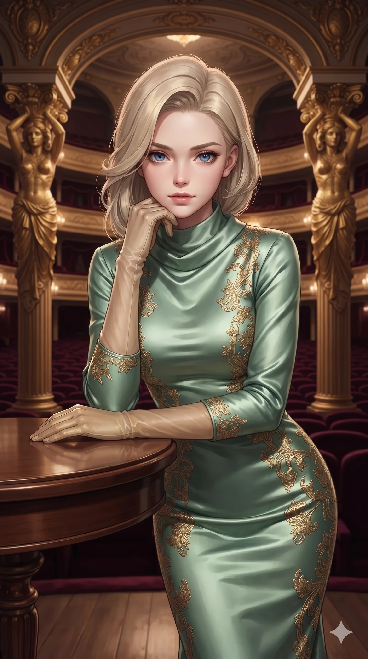 score_9, masterpiece, best quality, ultra-detailed, high-budget anime keyframe, editorial fashion photography, tasteful artistic composition, Caucasian woman. close-up cowboy shot from the waist and thighs up, the character dominates the composition, filling the frame with her large presence. resting one elbow on the table and supporting her chin, leaning close to the camera with heavy-lidded sparkling eyes and parted lips while standing poised between monumental gilded cariatid columns overlooking the grand opera auditorium, arching her lower back with sovereign supermodel grace. The surrounding environment is rendered in vivid detail and crisp panoramic clarity: intricate backless halterneck tailoring, liquid-silk fabric drape, and historic opera architecture in razor-sharp precision. She has an exceptionally elegant, slender, and willowy female figure with an ultra-slim waist, flat toned midriff, narrow ribcage, and sculpted feminine hips creating an alluring, slim hourglass silhouette without bulk. sharp v-shaped jawline, high-bridge nose, intricate jewel-like sparkling eyes with depth, thick eyelashes, glossy parted lips with a natural sheen, intensely captivating and seductive bedroom-eyes expression, exuding both youthful cute charm and sovereign luxury allure, flawlessly proportioned anatomical accuracy, strict slender model proportions, natural body alignment, perfectly sculpted long slender limbs, ultra-slim waistline, clean dynamic posture without body distortion. wearing a modest long-sleeve cowl-neck satin column gown draping gracefully to the floor with aristocratic poise in celadon jade and antique gold-leaf, woven from high-density tech-wool with subtle metallic thread weave, complemented by sheer opera-length evening gloves tracing her slender arms, the bespoke structured tailoring following the natural line of her 8.5-heads silhouette with refined elegance. illuminated by velvet loge bounce and sharp gold-crimson rim lights defining her razor-sharp jawline, narrow waist, and curvy hips. ultra-reflective glossy finish, specular highlights, rich textural contrasts, high-contrast stereoscopic depth, volumetric dynamic lighting, 2k, ultra detail, master piece, 9:16 ratio