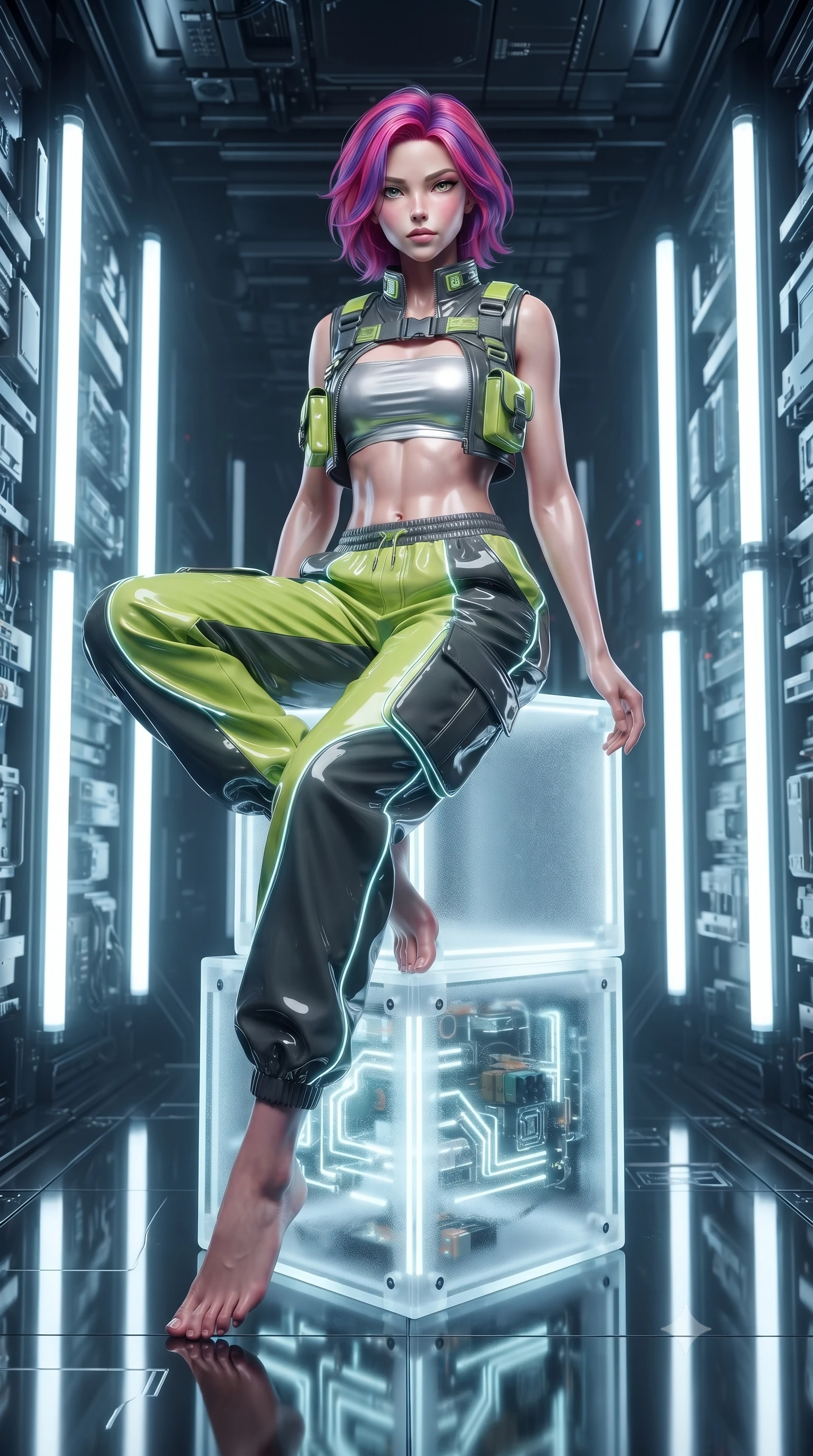 score_9, masterpiece, best quality, ultra-detailed, high-budget anime keyframe, editorial fashion photography, tasteful artistic composition, Caucasian woman. low angle full-body shot from head to toe showing her feet, filling the entire 9:16 vertical frame with her statuesque presence, stretching her vertical silhouette. executing an elegant mid-motion spin with effortless grace, her garments fluttering softly around her ultra-slim waistline while sitting poised atop a frosted neon cube with one leg extended, her statuesque silhouette framed by vertical light bars. The surrounding environment is rendered in vivid detail and crisp panoramic clarity. crisp acrylic cube edges, internal LED filament circuits, and mirror-floor seams in deep focus. She has an absolutely perfect, statuesque 8.5-heads proportion, an exceptionally tall and slender model-like female figure with impossibly long slender legs, a toned flat midriff, and an ultra-slim waist. sharp v-shaped jawline, high-bridge nose, intricate jewel-like eyes with depth, thick eyelashes, glossy lips with a natural sheen, captivating and magnetic expression, flawlessly proportioned anatomical accuracy, strict slender model proportions, natural body alignment, perfectly sculpted long slender limbs, ultra-slim waistline, clean dynamic posture without body distortion. wearing a cropped tech-harness utility vest worn over a silver reflective bandeau top and baggy cargo pants in acid lime green and dark carbon grey, formed from high-gloss patent leather with sharp specular chiaroscuro, finished with glowing fiber-optic seam piping and miniature utility pouches, the glove-like aerodynamic second-skin fit tightly clinging to her ultra-slender waist and athletic curves without adding bulk, accentuating her razor-sharp statuesque lines and slim hourglass silhouette. illuminated by clean geometric specular highlights tracing her sculpted torso and legs. ultra-reflective glossy finish, specular highlights, rich textural contrasts, high-contrast stereoscopic depth, volumetric dynamic lighting, 2k, ultra detail, master piece, 9:16 ratio