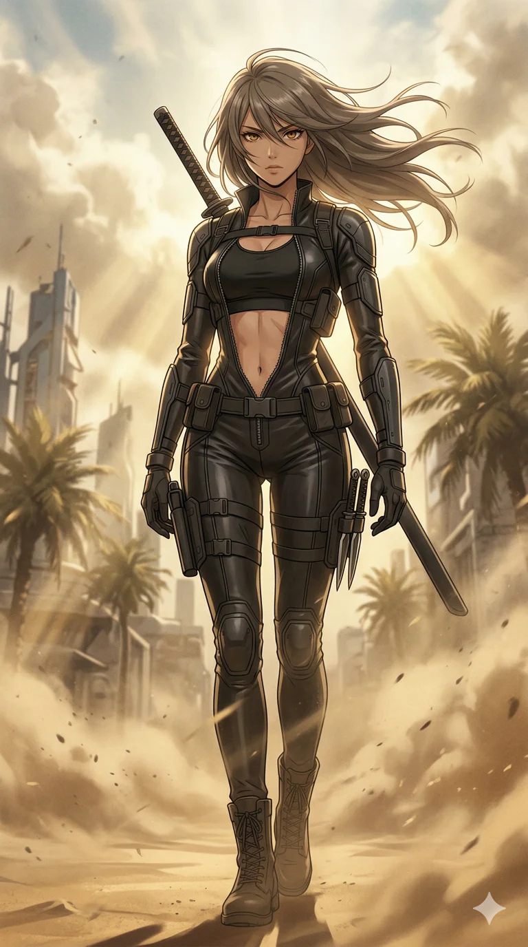 score_9, masterpiece, best quality, ultra-detailed, semi-realistic high-budget anime keyframe, an incredibly beautiful Japanese woman. Low angle cowboy shot filling the frame. She is a desert assassin from a high-tech oasis, waiting for her target amidst a sandstorm. She has an absolutely perfect 8-heads proportion, an exceptionally tall female figure with long slender legs and a slim-fit toned body. Her face is a highly detailed masterpiece featuring amber jewel-like eyes and ash brown flowing hair windswept. She is wearing a form-fitting synthetic leather tactical suit, unzipped deeply with midriff exposed, highlighting her alluring silhouette. Golden sunbeams through dust clouds, dramatic rim lighting, cinematic shadows, 2k, ultra detail, master piece, 9:16 ratio