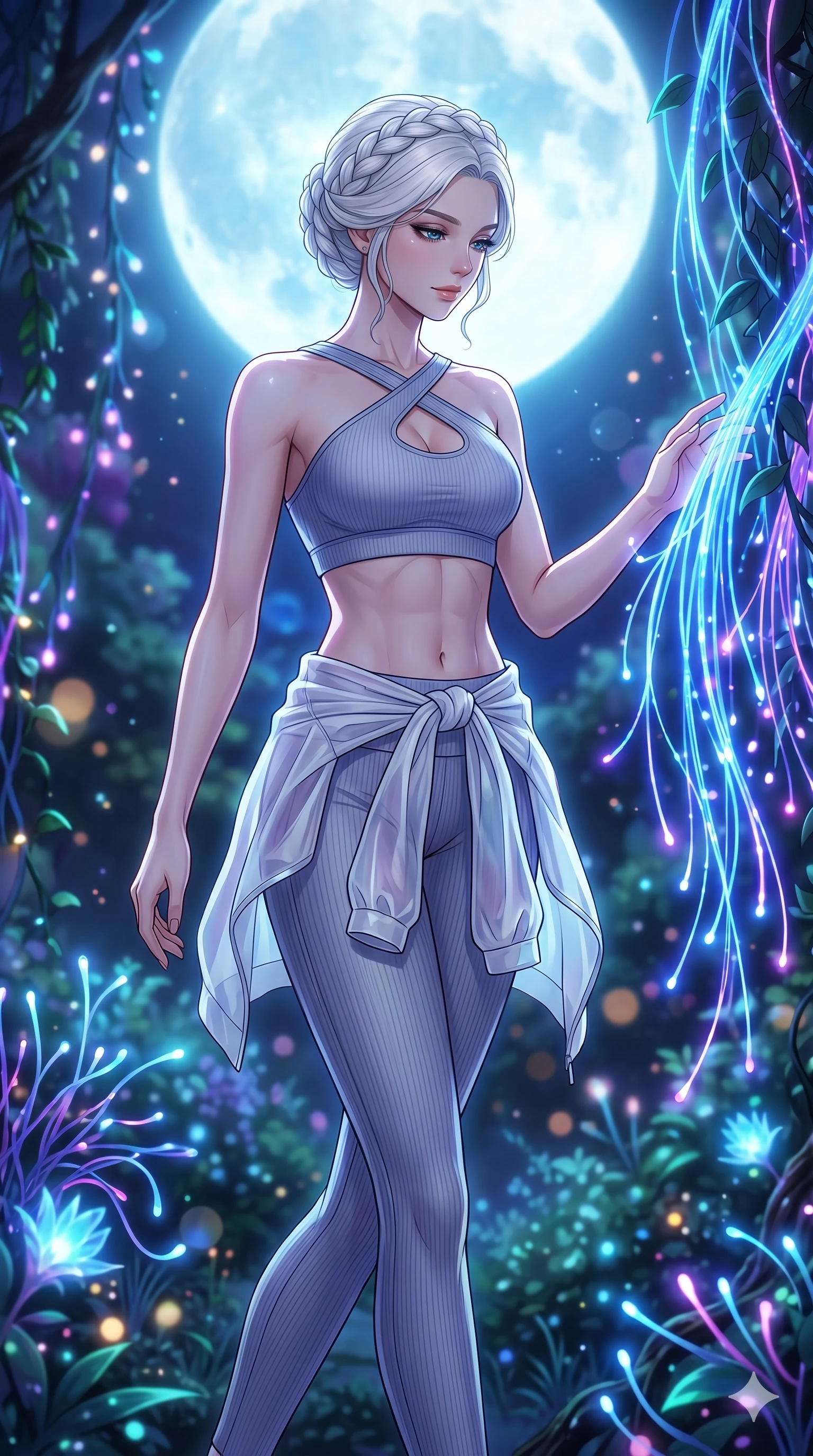 score_9, masterpiece, best quality, ultra-detailed, High-budget Anime Keyframe, vibrant colors, fluid line-art, expressive lighting, cinematic composition, Ufotable-style visual effects, top-tier animation quality, Japanese woman with delicate and elegant anime-inspired features. Upper body close-up from the thighs up, character filling the screen for maximum presence. Walking through a forest of fiber-optic vines that react to her touch by glowing brighter. She has an absolutely perfect 8-heads proportion, an exceptionally tall and slender female figure with impossibly long slender legs and an ultra-slim waist, her statuesque height and towering silhouette dominating the vertical 9:16 frame. Her face is a masterpiece featuring a sharp v-shaped jawline, high-bridge nose, intricate jewel-like eyes with depth, thick eyelashes, and glossy lips with a natural sheen. She is wearing a Premium ribbed leggings with a matching cross-back sports bra, semi-transparent windbreaker tied around the waist, and an exposed midriff.. The scene is set in a mystical grove under a giant glowing moon that illuminates the fiber-optic flora. 2k, ultra detail, master piece, 9:16 ratio