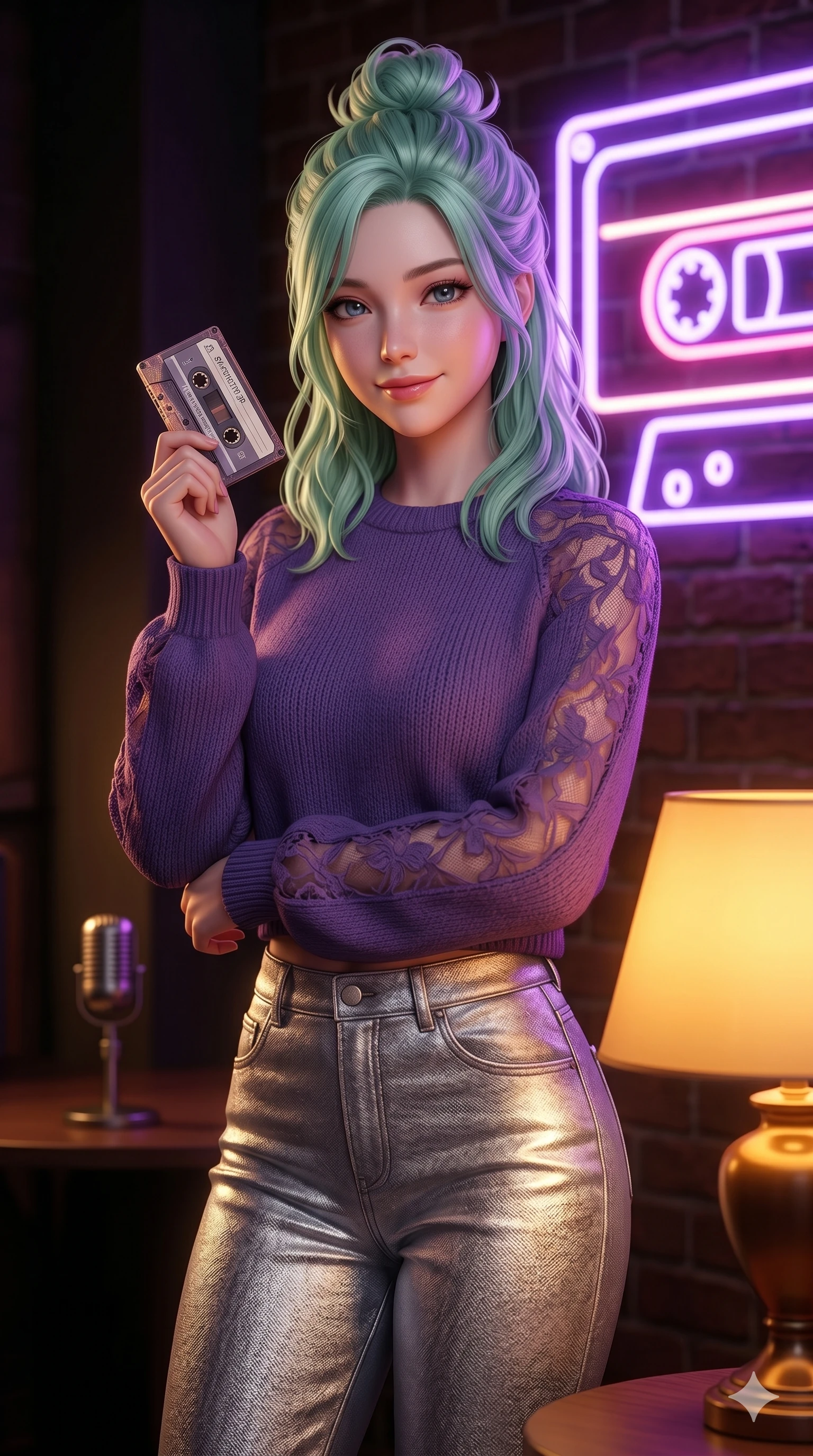 score_9, masterpiece, best quality, ultra-detailed, high-budget anime keyframe, semi-realistic 3D game render, Japanese woman. Upper body close-up from the thighs up, character filling the screen for maximum presence. Standing next to a retro neon cassette sign in a studio, holding a cassette tape, looking towards the camera with a nostalgic smile. She is wearing a comfortable cropped sweater with sheer panels and silver trousers. The scene is lit by a warm lamp and the purple glow of the neon cassette sign. 2k, ultra detail, master piece, 9:16 ratio