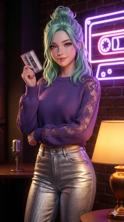score_9, masterpiece, best quality, ultra-detailed, high-budget anime keyframe, semi-realistic 3D game render, Japanese woman. Upper body close-up from the thighs up, character filling the screen for maximum presence. Standing next to a retro neon ca