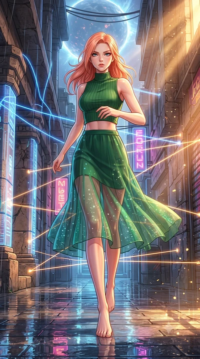 score_9, masterpiece, best quality, ultra-detailed, high-budget anime keyframe, editorial fashion photography, tasteful artistic composition, Japanese woman. low angle full-body shot from head to toe showing her feet, filling the entire 9:16 vertical