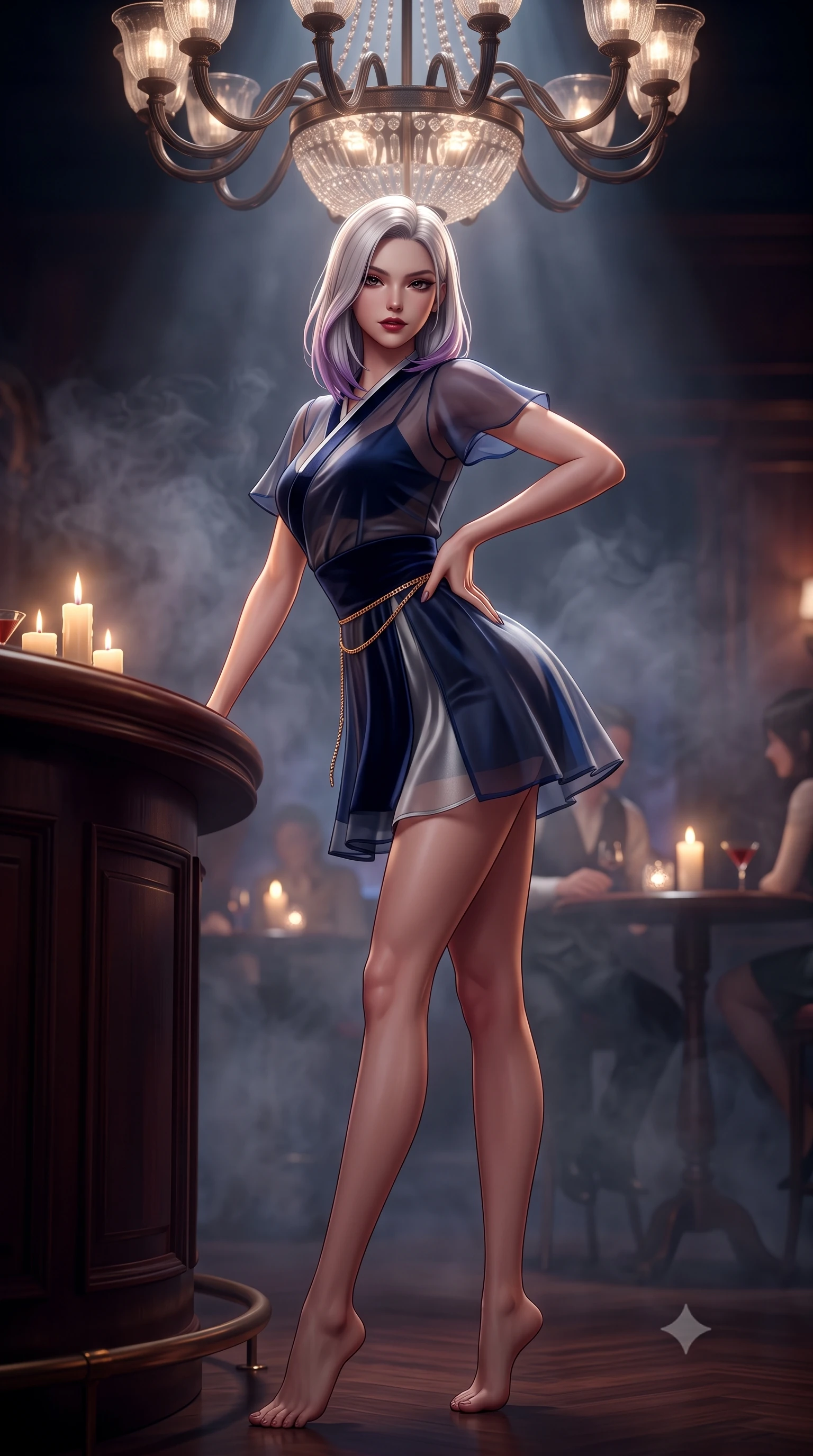 score_9, masterpiece, best quality, ultra-detailed, high-budget anime keyframe, semi-realistic 3D game render, editorial fashion photography, tasteful artistic composition, Caucasian woman. low angle full-body shot from head to toe showing her feet, filling the entire 9:16 vertical frame with her statuesque presence, stretching her vertical silhouette. pausing mid-stride beneath the grand chandelier with one hand resting on her narrow waist, her arched hips and statuesque 8.5-heads presence commanding the 9:16 vertical frame while leaning over the curved dark mahogany bar counter with hips angled back, arching her spine with relaxed seductive grace as she gazes directly into the lens. The composition keeps background elements in soft focus with dreamy creamy bokeh. flickering candle votives on cocktail tables and swirling atmospheric smoke softened in intimate speakeasy shallow focus. She has an exceptionally tall and slender model-like 8.5-heads proportion, an ultra-slim waist, a flat toned midriff, narrow delicate ribcage, and beautifully sculpted feminine hips creating a graceful, slim hourglass silhouette without any bulky heaviness, with impossibly long slender legs. sharp v-shaped jawline, high-bridge nose, intricate jewel-like dark sparkling eyes with dangerous depth, thick curled eyelashes, glossy parted lips with a rich wine sheen, smoldering seductive half-smile with bedroom-eyes, exuding effortless superiority and intoxicating dark allure, flawlessly proportioned anatomical accuracy, strict slender model proportions, natural body alignment, perfectly sculpted long slender limbs, ultra-slim waistline, clean dynamic posture without body distortion. wearing a modern fusion dark hanbok mini dress with a sheer silk organza jeogori and high-waisted velvet wrap skirt in midnight sapphire navy and chrome silver, crafted from layered gossamer black organza with weightless, smoky flutter, finished with a delicate gold snake chain belt resting loosely across her curvy hips, the form-fitting cut adhering flawlessly to her sculpted flat midriff and slender torso, emphasizing her long leg lines and perfectly proportioned willowy build. bathed in soft flickering candlelight and moody theatrical stage downlights. highly saturated vibrant anime colors, detailed shading with soft gradients, rich glossy textures, high-contrast stereoscopic depth, volumetric dynamic lighting, master piece, 9:16 ratio
