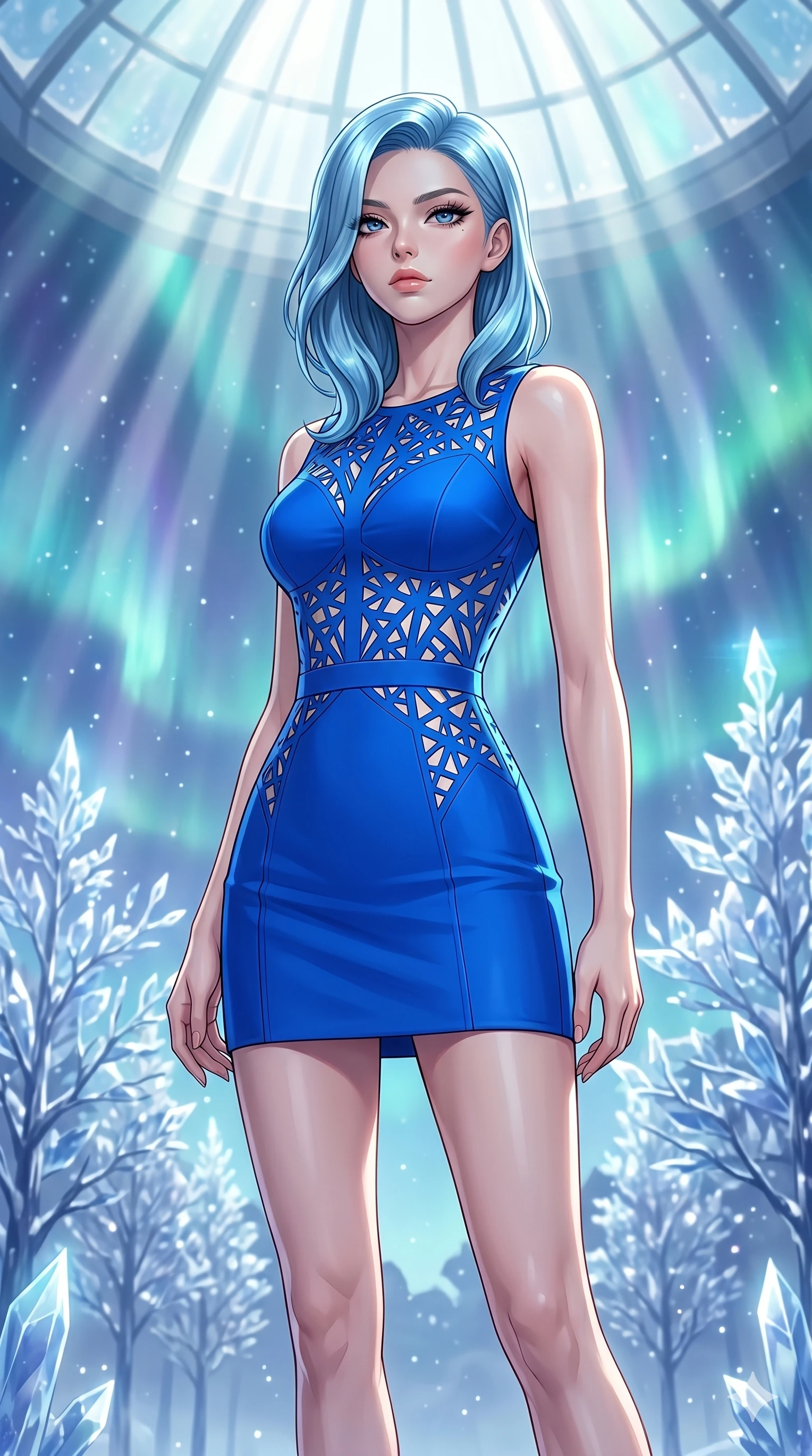 score_9, masterpiece, best quality, ultra-detailed, high-budget anime keyframe, editorial fashion photography, tasteful artistic composition, Japanese woman. cowboy shot from the thighs up, character and outfit filling the frame for maximum editorial presence. Gazing past the camera with an air of effortless superiority within a dreamlike floating winter kingdom with frozen crystal trees and aurora skies. She has an absolutely perfect 8-heads proportion, an exceptionally tall and slender female figure with impossibly long slender legs and an ultra-slim waist. V-shaped jawline, high-bridge nose, intricate jewel-like eyes with depth, thick eyelashes, glossy lips with a natural sheen. wearing a vivid electric cobalt structured fitted mini dress with intricate laser-cut geometric patterns at the torso and waist revealing glimpses of the underlining in contrasting ivory. drenched in cinematic god-ray sunlight descending from a vaulted glass ceiling, illuminating her form. 2k, ultra detail, master piece, 9:16 ratio
