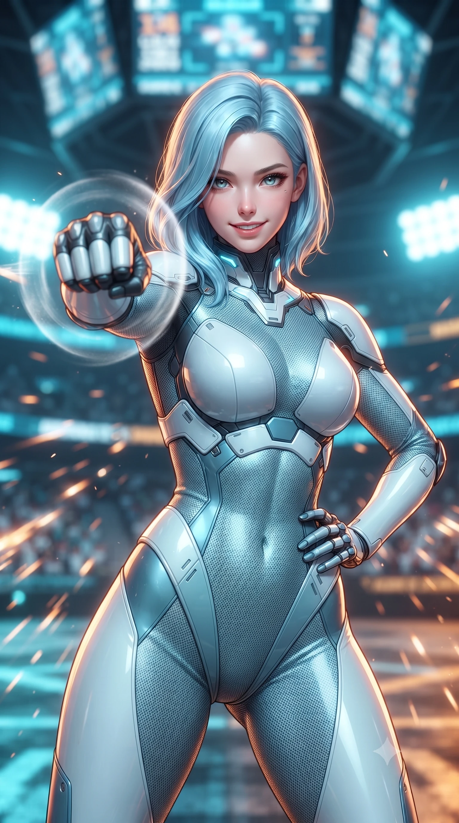 score_9, masterpiece, best quality, ultra-detailed, high-budget anime keyframe, editorial fashion photography, tasteful artistic composition, Korean woman. close-up cowboy shot from the waist and thighs up, the character dominates the composition, filling the frame with her large presence. thrusting a high-speed kinetic punch toward the camera, a visible conical shockwave distortion wrapping around her sleek carbon forearm while resting one hand on her hip with a fearless, captivating battle smile as giant holographic arena scoreboards flash overhead. The composition keeps background elements in soft focus with creamy bokeh. massive industrial arena floodlights and streaking motorball sparks blurred into dazzling cyan, amber, and charcoal bokeh. She has an exceptionally elegant, slender, and willowy female figure with an ultra-slim waist, a gracefully sculpted slender torso, toned flat midriff, and a refined slim silhouette. sharp v-shaped jawline, high-bridge nose, intricate jewel-like eyes with depth, thick eyelashes, glossy lips with a natural sheen, flawlessly proportioned anatomical accuracy, strict slender model proportions, natural body alignment, perfectly sculpted long slender limbs, ultra-slim waistline, clean dynamic posture without body distortion. wearing an ultra-sleek glacial-cyan and white carbon-mesh combat bodysuit with frost-resistant kinetic shock-absorber plating in glacial ice-cyan carbon mesh with pure white armor plates, crafted from ultra-strong woven carbon-fiber composite with a satin luster, featuring a sleek aerodynamic collar framed by subtle glowing cybernetic status LEDs, the liquid-tight tailored fabric emphasizing every curve of her tall, slender model proportions and sculptured silhouette during dynamic movement. bathed in vivid high-contrast amber and cyan arena floodlights with electric friction spark glints. ultra-reflective glossy finish, specular highlights, dark metallic sheen, high-contrast stereoscopic depth, volumetric dynamic lighting, 2k, ultra detail, master piece, 9:16 ratio