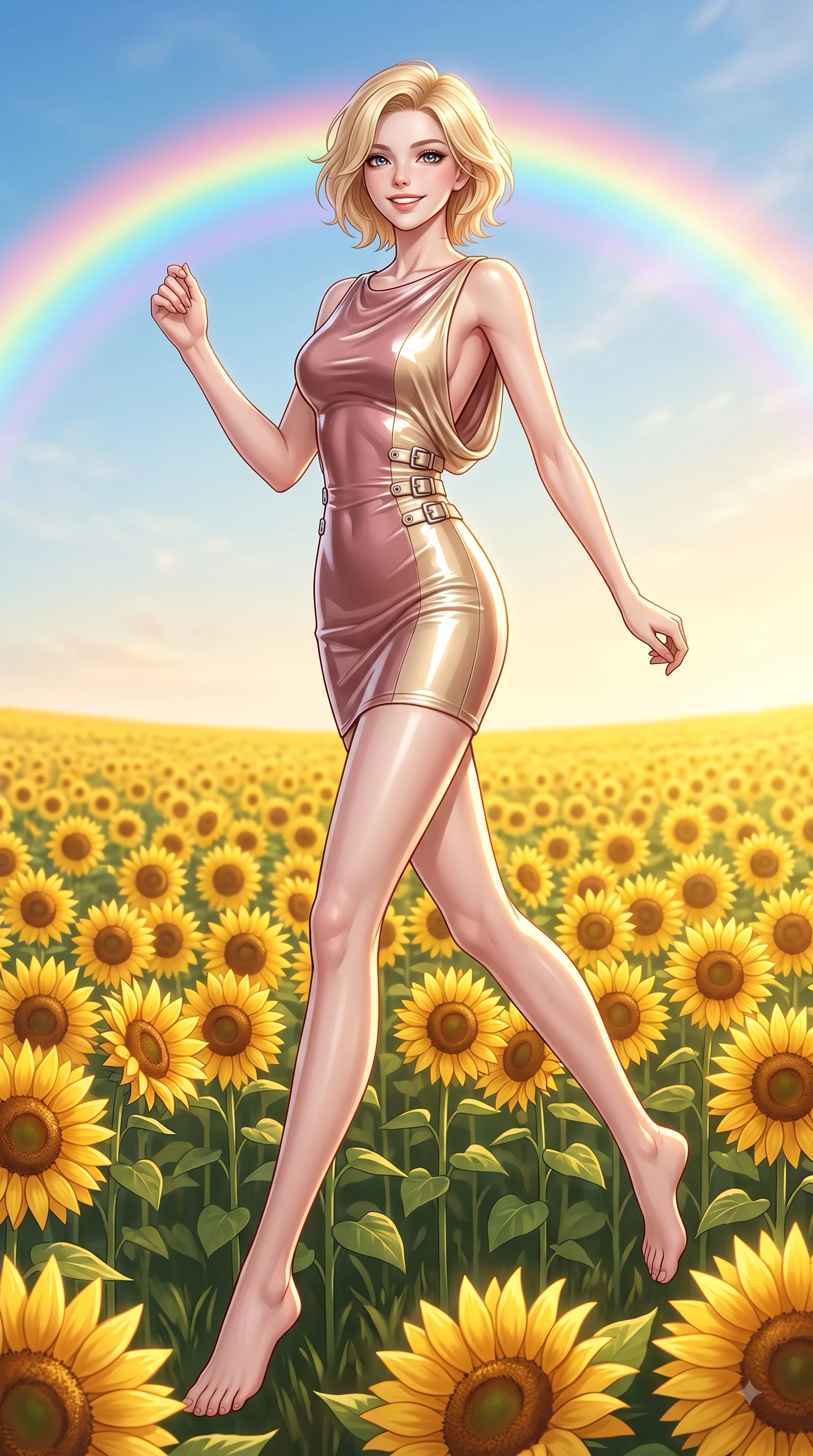 score_9, masterpiece, best quality, ultra-detailed, high-budget anime keyframe, editorial fashion photography, tasteful artistic composition, Caucasian woman. low angle full-body shot from head to toe showing her feet, filling the entire 9:16 vertical frame with her statuesque presence, stretching her vertical silhouette. stepping forward in a proud dynamic stride with a cheerful beaming smile, her vertical silhouette filling the frame while leaping with pure joy across a endless field of blooming golden sunflowers under a rainbow sky, vivid golden sunflowers swaying in a gentle spring breeze under a radiant rainbow arc. She has an absolutely perfect, statuesque 8.5-heads proportion, an exceptionally tall and slender model-like female figure with impossibly long slender legs and an ultra-slim waist. sharp v-shaped jawline, high-bridge nose, intricate jewel-like eyes with depth, thick eyelashes, glossy lips with a natural sheen, flawlessly proportioned anatomical accuracy, natural body alignment, perfectly sculpted elegant limbs, clean dynamic posture without body distortion. wearing a precision-fitted liquid jersey bodycon dress with a graceful draped back in dusty rose and champagne gold, tailored from high-gloss patent leather, detailed with polished silver buckles along the waistline, the elegant draped fit framing her graceful clavicle and slender torso. surrounded by a vibrant, uplifting atmosphere filled with golden radiance. ultra-reflective glossy finish, specular highlights, metallic sheen, high-contrast stereoscopic depth, volumetric dynamic lighting, 2k, ultra detail, master piece, 9:16 ratio
