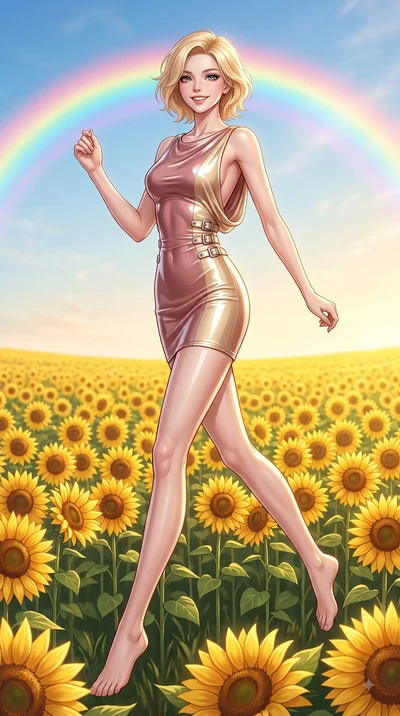 score_9, masterpiece, best quality, ultra-detailed, high-budget anime keyframe, editorial fashion photography, tasteful artistic composition, Caucasian woman. low angle full-body shot from head to toe showing her feet, filling the entire 9:16 vertica