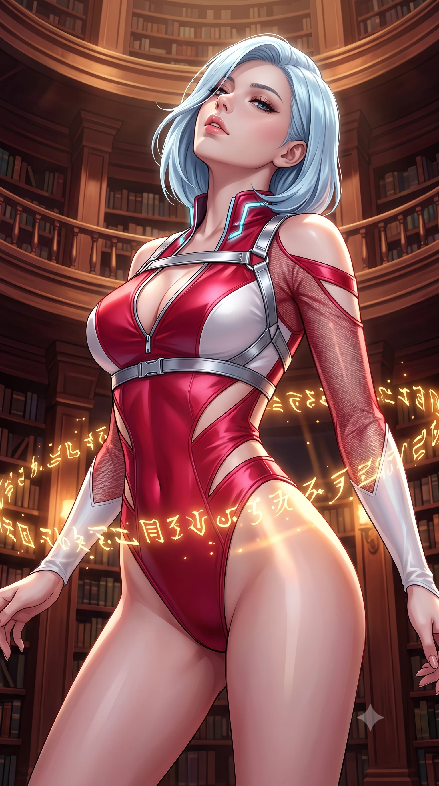 score_9, masterpiece, best quality, ultra-detailed, high-budget anime keyframe, semi-realistic 3D game render, editorial fashion photography, tasteful artistic composition, Korean woman. close-up cowboy shot from the waist and thighs up, the character dominates the composition, filling the frame with her large presence. tilting her head back with a sensual alluring expression, exposing her throat and shoulders to the camera with heavy lashes and softly parted glossy lips while pivoting dynamically in a multi-story book rotunda as golden magical glyphs and sunbeams dance around her waist. The surrounding environment is rendered in vivid detail and crisp panoramic clarity. rich chiaroscuro lighting and classic architectural library design captured with environmental sharpness. She has an exceptionally elegant, slender, and willowy female figure with an ultra-slim waist, a gracefully sculpted slender torso, toned flat midriff, and a refined slim silhouette. sharp v-shaped jawline, high-bridge nose, intricate jewel-like eyes with depth, thick eyelashes, glossy lips with a natural sheen, flawlessly proportioned anatomical accuracy, strict slender model proportions, natural body alignment, perfectly sculpted long slender limbs, ultra-slim waistline, clean dynamic posture without body distortion. wearing an ultra-sleek high-cut tech-bodysuit featuring dangerous diagonal slitted cutouts on the midriff and shoulders, reinforced by a metallic silver harness and sheer mesh sleeves in radiant crimson silk and crisp snow white, made of smooth iridescent silk chiffon that shifts colors with movement, featuring a dangerously unzipped neckline framed by glowing cybernetic accents, the liquid-tight tailored fabric emphasizing every curve of her tall, slender model proportions and sculptured silhouette during dynamic movement. illuminated by warm glowing amber manuscript glyphs and rich mahogany refractions. highly saturated vibrant anime colors, detailed shading with soft gradients, rich glossy textures, high-contrast stereoscopic depth, volumetric dynamic lighting, master piece, 9:16 ratio