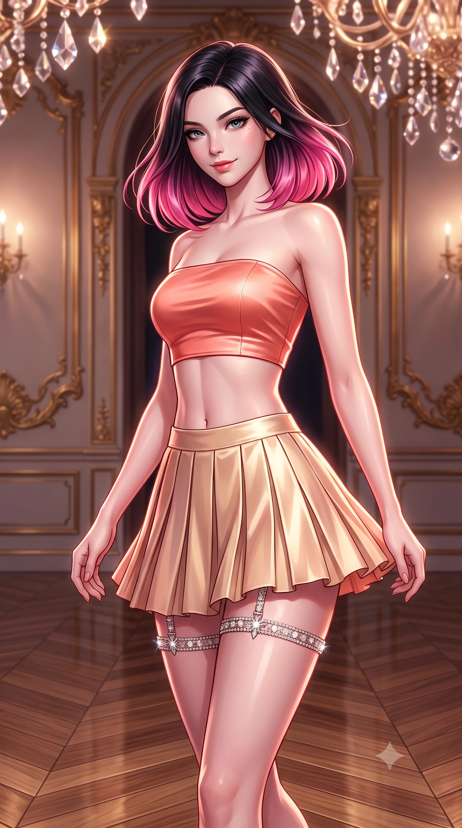 score_9, masterpiece, best quality, ultra-detailed, high-budget anime keyframe, semi-realistic 3D game render, editorial fashion photography, tasteful artistic composition, Korean woman. close-up cowboy shot from the waist and thighs up, the character dominates the composition, filling the frame with her large presence. turning slowly with an enchanting smoldering smile, her glossy hair tossing in the breeze as her hips angle gracefully in a captivating contrapposto while striding slowly across the mirror-polished chevron parquet floor with tall model strides, her outfit swaying gracefully around her slender legs. The surrounding environment is rendered in vivid detail and crisp panoramic clarity: sharp hand-carved gilded acanthus leaf moldings, chevron oak parquet wood grain, and crystal prism drop facets in deep focus. She has an exceptionally elegant, slender, and willowy female figure with an ultra-slim waist, flat toned midriff, narrow ribcage, and sculpted feminine hips creating an alluring, slim hourglass silhouette without bulk. sharp v-shaped jawline, high-bridge nose, intricate jewel-like sparkling eyes with depth, thick eyelashes, glossy parted lips with a natural peach sheen, bright cheerful beaming smile with an enchanting and coquettish sensual glint, exuding both youthful cute charm and seductive allure, flawlessly proportioned anatomical accuracy, strict slender model proportions, natural body alignment, perfectly sculpted long slender limbs, ultra-slim waistline, clean dynamic posture without body distortion. wearing an ultra-cropped fitted bandeau top paired with a micro mini tennis skirt revealing her flat midriff in Palm Springs desert sunset coral and warm honey champagne, crafted from fluid liquid silk satin that clings smoothly to her narrow waist and rounded hips with a dewy sheen, finished with delicate crystal-encrusted thigh garter straps glinting in the dim light, the impeccably tailored cut draping gracefully along her slender figure with aristocratic poise. illuminated by mirror specular reflections and sharp rose-gold rim lights sculpting her features, flat midriff, and slender waist. highly saturated vibrant anime colors, detailed shading with soft gradients, rich glossy textures, high-contrast stereoscopic depth, volumetric dynamic lighting, master piece, 9:16 ratio