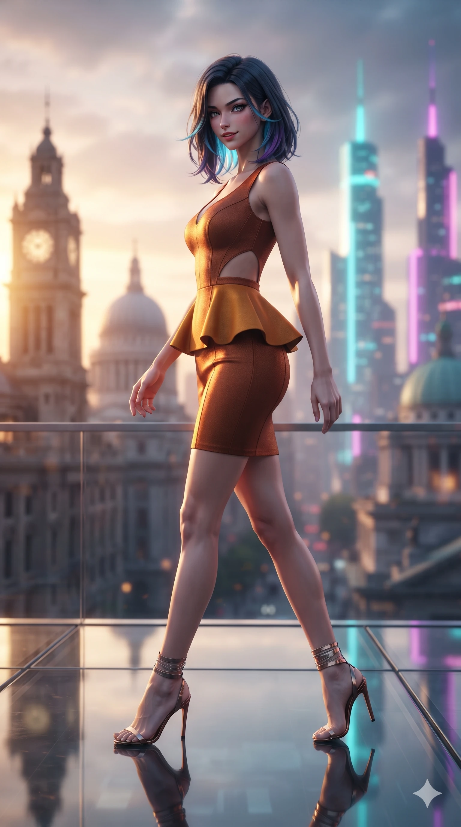 score_9, masterpiece, best quality, ultra-detailed, high-budget anime keyframe, editorial fashion photography, tasteful artistic composition, Caucasian woman. low angle full-body shot from head to toe showing her feet, filling the entire 9:16 vertical frame with her statuesque presence, stretching her vertical silhouette. stepping forward in a confident stride, her long slender legs and curvaceous hips creating a dynamic, sweeping vertical line while walking slowly along the suspended glass sky-terrace, looking back over her shoulder with an air of effortless grace and an alluring, smoldering smile as heritage stone domes on one side transition into neon cyber-spires on the other. The background shows a soft-focus classical colonial stone clock towers and neoclassical domes blending into soaring cyberpunk neon skyscrapers blurred into gold, cyan, and deep violet bokeh. She has an exceptionally tall and slender model-like 8.5-heads proportion, an ultra-slim waist, a flat toned midriff, narrow delicate ribcage, and beautifully sculpted feminine hips creating a graceful, slim hourglass silhouette without any bulky heaviness, with impossibly long slender legs. sharp v-shaped jawline, high-bridge nose, intricate jewel-like sparkling eyes with depth, thick eyelashes, glossy parted lips with a natural sheen, intensely captivating and seductive bedroom-eyes expression, exuding both youthful cute charm and sovereign luxury allure, flawlessly proportioned anatomical accuracy, strict slender model proportions, natural body alignment, perfectly sculpted long slender limbs, ultra-slim waistline, clean dynamic posture without body distortion. wearing a modern peplum corset dress with side-waist diamond cutouts and an ultra-tight silhouette in rich copper bronze and warm amber, crafted from bespoke double-faced cashmere with an exceptionally soft tactile finish, complemented by strappy stiletto sandals with metallic ankle wraps accentuating her slender calves, the bespoke structured tailoring following the natural line of her 8.5-heads silhouette with refined elegance. bathed in the dramatic dual twilight lighting: warm golden sunset rays from the heritage west and cool vibrant neon from the futuristic east. ultra-reflective glossy finish, specular highlights, rich textural contrasts, high-contrast stereoscopic depth, volumetric dynamic lighting, 2k, ultra detail, master piece, 9:16 ratio