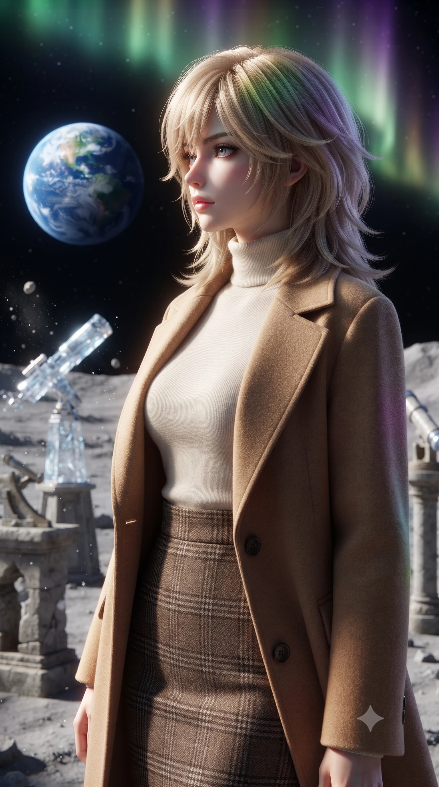 score_9, masterpiece, best quality, ultra-detailed, high-budget anime keyframe, editorial fashion photography, tasteful artistic composition, Japanese woman. close-up cowboy shot from the waist and thighs up, the character dominates the composition, filling the frame with her large presence, background elements kept in soft focus. Turning her face in sharp dramatic profile against the light. set against a soft-focus background of an open-air observation terrace on the moon's surface with crystalline telescopes pointing toward the blue Earth hanging in the black sky lunar dust particles floating weightlessly around ancient stone instruments. She has an exceptionally elegant and slender, willowy female figure with an ultra-slim waist, a gracefully sculpted slender torso, and a refined slim physique. sharp v-shaped jawline, high-bridge nose, intricate jewel-like eyes with depth, thick eyelashes, glossy lips with a natural sheen. wearing a camel hair overcoat over a soft ivory turtleneck and a brown plaid wool pencil skirt. illuminated by a shifting aurora palette of green violet and gold from above. 2k, ultra detail, master piece, 9:16 ratio