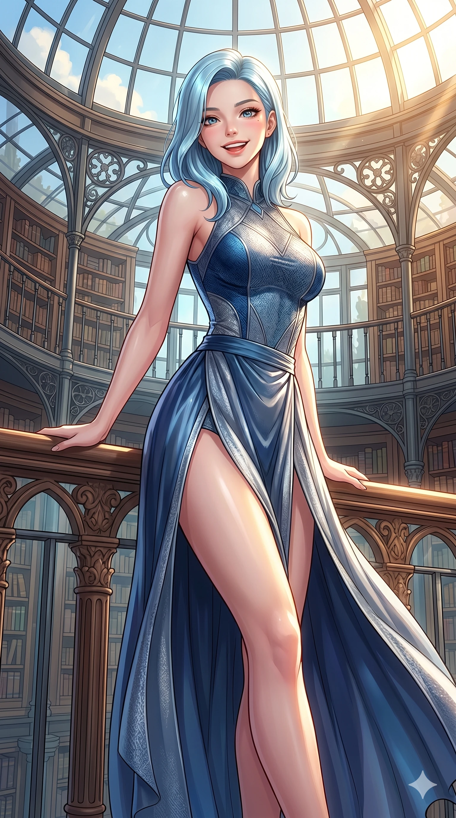score_9, masterpiece, best quality, ultra-detailed, high-budget anime keyframe, vibrant anime aesthetic, Korean woman. cowboy shot from the thighs up, character and outfit filling the frame for maximum presence. She is leaning on a terrace rail, looking at the viewer with a bright, joyful smile inside an elegant glass dome library in the morning (Code-P20-103). She has an absolutely perfect 8-heads proportion, an exceptionally tall and slender female figure with impossibly long slender legs and an ultra-slim waist. V-shaped jawline, high-bridge nose, intricate jewel-like eyes with depth, thick eyelashes, glossy lips with a natural sheen. wearing a bodycon leotard with high-slit wrap skirt. She is drenched in bright afternoon sun, highlighting the glossy textures of her outfit. 2k, ultra detail, master piece, 9:16 ratio