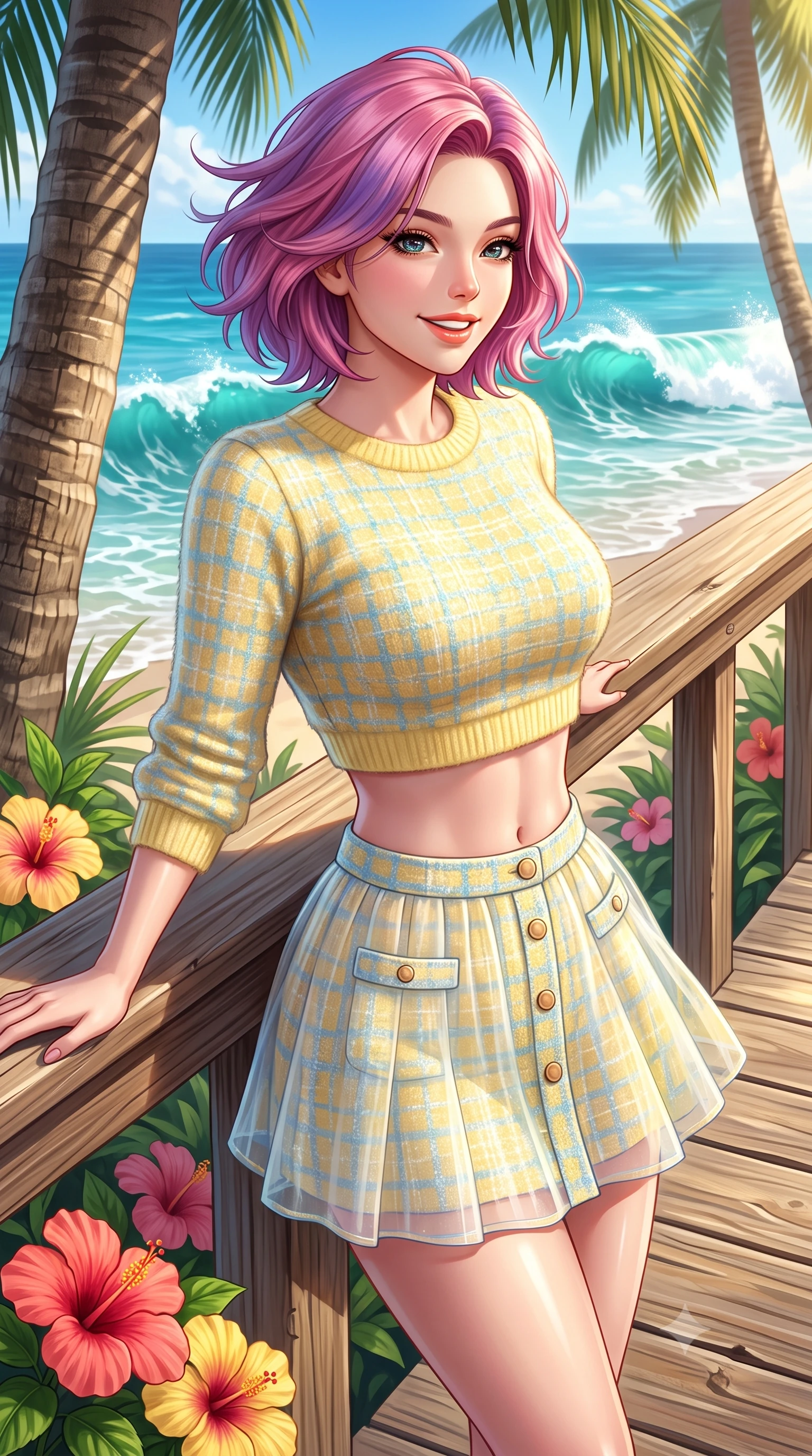 score_9, masterpiece, best quality, ultra-detailed, high-budget anime keyframe, semi-realistic 3D game render, editorial fashion photography, tasteful artistic composition, Caucasian woman. close-up cowboy shot from the waist and thighs up, the character dominates the composition, filling the frame with her large presence. leaning back against the sunlit railing with relaxed seductive grace, her flat midriff and narrow waist highlighted as she smiles brightly with bewitching eyes while turning in an alluring dancer S-curve as ocean trade winds whip her hair, gazing toward crashing turquoise waves with parted glossy lips. The surrounding environment is rendered in vivid detail and crisp panoramic clarity. sharp palm trunk textures, weathered timber boardwalk planks, and tropical hibiscus petal venation in deep focus. She has an exceptionally elegant, slender, and willowy female figure with an ultra-slim waist, flat toned midriff, narrow ribcage, and sculpted feminine hips creating an alluring, slim hourglass silhouette without bulk. sharp v-shaped jawline, high-bridge nose, intricate jewel-like sparkling eyes with depth, thick eyelashes, glossy parted lips with a natural peach sheen, bright cheerful beaming smile with an enchanting and coquettish sensual glint, exuding both youthful cute charm and seductive allure, flawlessly proportioned anatomical accuracy, strict slender model proportions, natural body alignment, perfectly sculpted long slender limbs, ultra-slim waistline, clean dynamic posture without body distortion. wearing a soft angora crop knit sweater with a sheer pleated organza mini skirt over an opaque silk slip in sunny daffodil yellow and clear sky blue, tailored from soft pastel tweed with subtle metallic shimmer, finished with neat front wooden buttons and delicate pocket details, the liquid-tight tailored fabric clinging flawlessly to her narrow waist and rounded feminine hips, emphasizing every millimeter of her sculpted slim hourglass curves without any bulky heaviness. illuminated by warm sand specular reflections sharply carving her razor-sharp jawline, narrow waist, and curvy hips. highly saturated vibrant anime colors, detailed shading with soft gradients, rich glossy textures, high-contrast stereoscopic depth, volumetric dynamic lighting, master piece, 9:16 ratio