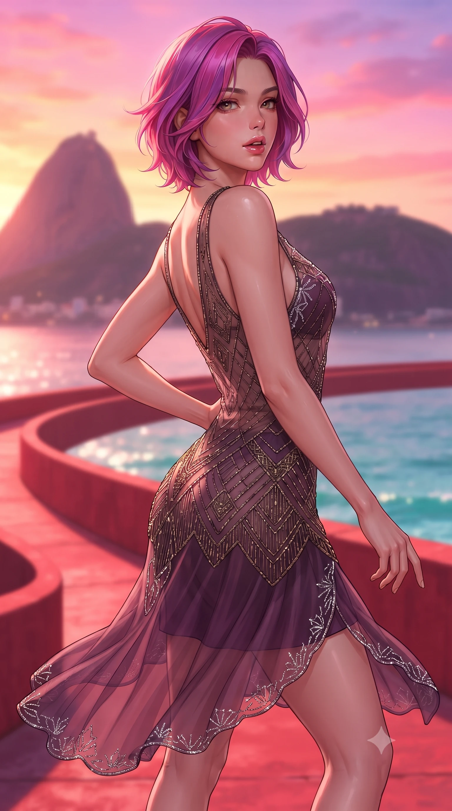 score_9, masterpiece, best quality, ultra-detailed, high-budget anime keyframe, editorial fashion photography, tasteful artistic composition, Caucasian woman. close-up cowboy shot from the waist and thighs up, the character dominates the composition, filling the frame with her large presence. posing in an alluring rear three-quarter angle, arching her lower back in a pronounced S-curve with one hand on her hip, glancing seductively over her bare shoulder with parted glossy lips while striding along the iconic sweeping crimson concrete helical ramp hovering above Guanabara Bay, hips swaying in an alluring kinetic rhythm against the ocean breeze. The composition keeps background elements in soft focus with creamy bokeh. dramatic silhouette of Sugarloaf Mountain and sparkling Rio ocean waves blurred into coral pink, turquoise, and violet bokeh. She has an exceptionally elegant, slender, and willowy female figure with an ultra-slim waist, flat toned midriff, narrow ribcage, and sculpted feminine hips creating an alluring, slim hourglass silhouette without bulk. sharp v-shaped jawline, high-bridge nose, intricate jewel-like eyes with depth, thick eyelashes, glossy parted lips with a natural sheen, intensely captivating and seductive bedroom-eyes expression, flawlessly proportioned anatomical accuracy, strict slender model proportions, natural body alignment, perfectly sculpted long slender limbs, ultra-slim waistline, clean dynamic posture without body distortion. wearing a sheer vintage mesh flapper dress adorned with intricate geometric beadwork over an opaque silk slip in deep plum violet and antique bronze, woven from layered gossamer chiffon with a weightless sweeping drape, finished with delicate crystal frost embroidery tracing the plunging neckline, the form-contouring material adhering flawlessly to her sculpted flat midriff and slender torso, emphasizing her long leg lines and perfectly proportioned willowy build. bathed in vibrant tropical sunset glow in vivid shades of tangerine and magenta. ultra-reflective glossy finish, specular highlights, rich textural contrasts, high-contrast stereoscopic depth, volumetric dynamic lighting, 2k, ultra detail, master piece, 9:16 ratio