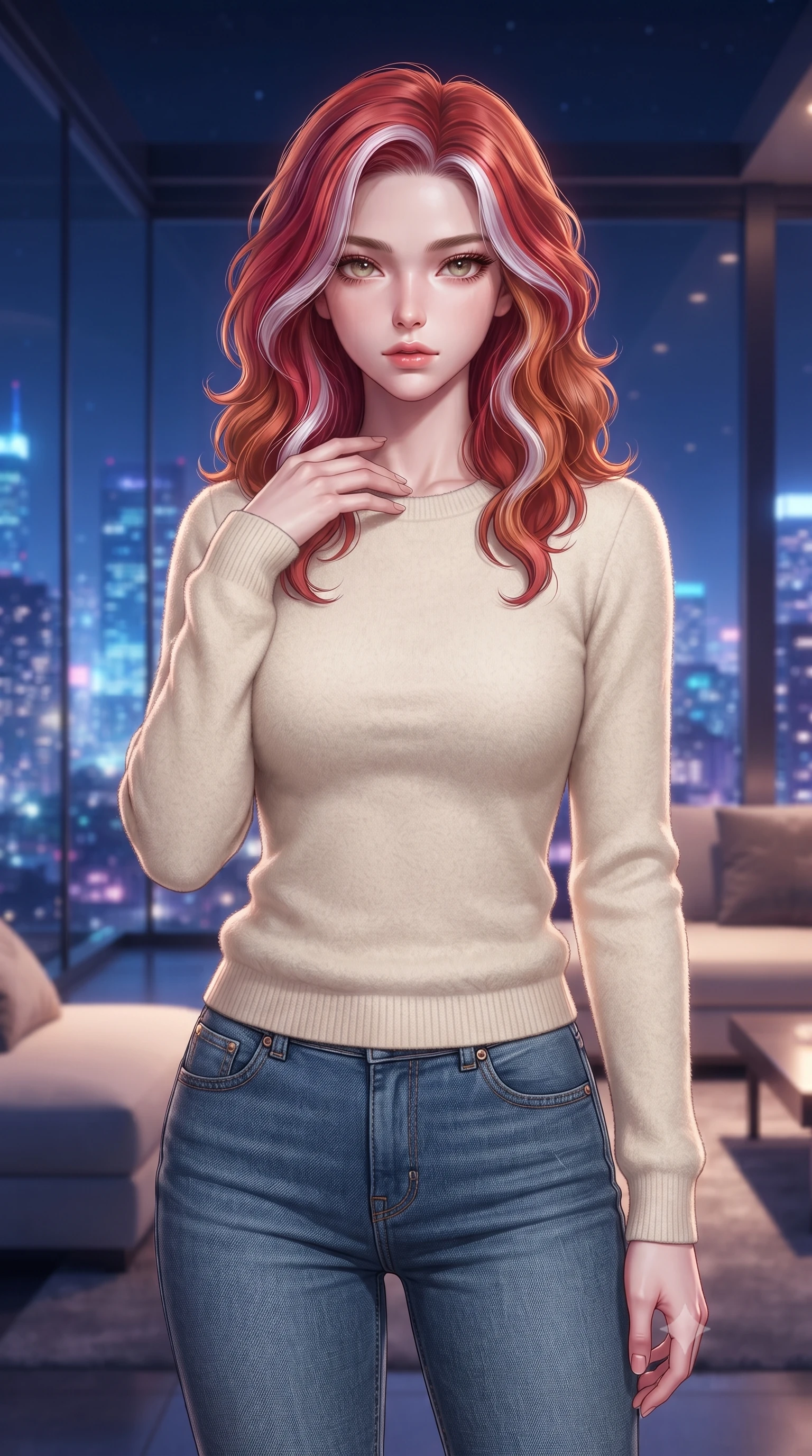 score_9, masterpiece, best quality, ultra-detailed, high-budget anime keyframe, editorial fashion photography, tasteful artistic composition, Caucasian woman. close-up cowboy shot from the waist and thighs up, the character dominates the composition, filling the frame with her large presence, background elements kept in soft focus. standing with one hand resting on her collarbone, looking at the viewer with bedroom-eyes the background shows a soft-focus a modern rooftop helicopter lounge with glass walls overlooking skyscrapers. She has an exceptionally elegant, slender, and willowy female figure with an ultra-slim waist, a gracefully sculpted slender torso, and a refined silhouette. sharp v-shaped jawline, high-bridge nose, intricate jewel-like eyes with depth, thick eyelashes, glossy lips with a natural sheen. wearing a slim-fit comfortable cream fleece sweater over blue denim jeans. glittering blue and violet city skyline lights contrasting with warm room lights. ultra-reflective glossy finish, specular highlights, metallic sheen, high-contrast stereoscopic depth, volumetric dynamic lighting, 2k, ultra detail, master piece, 9:16 ratio