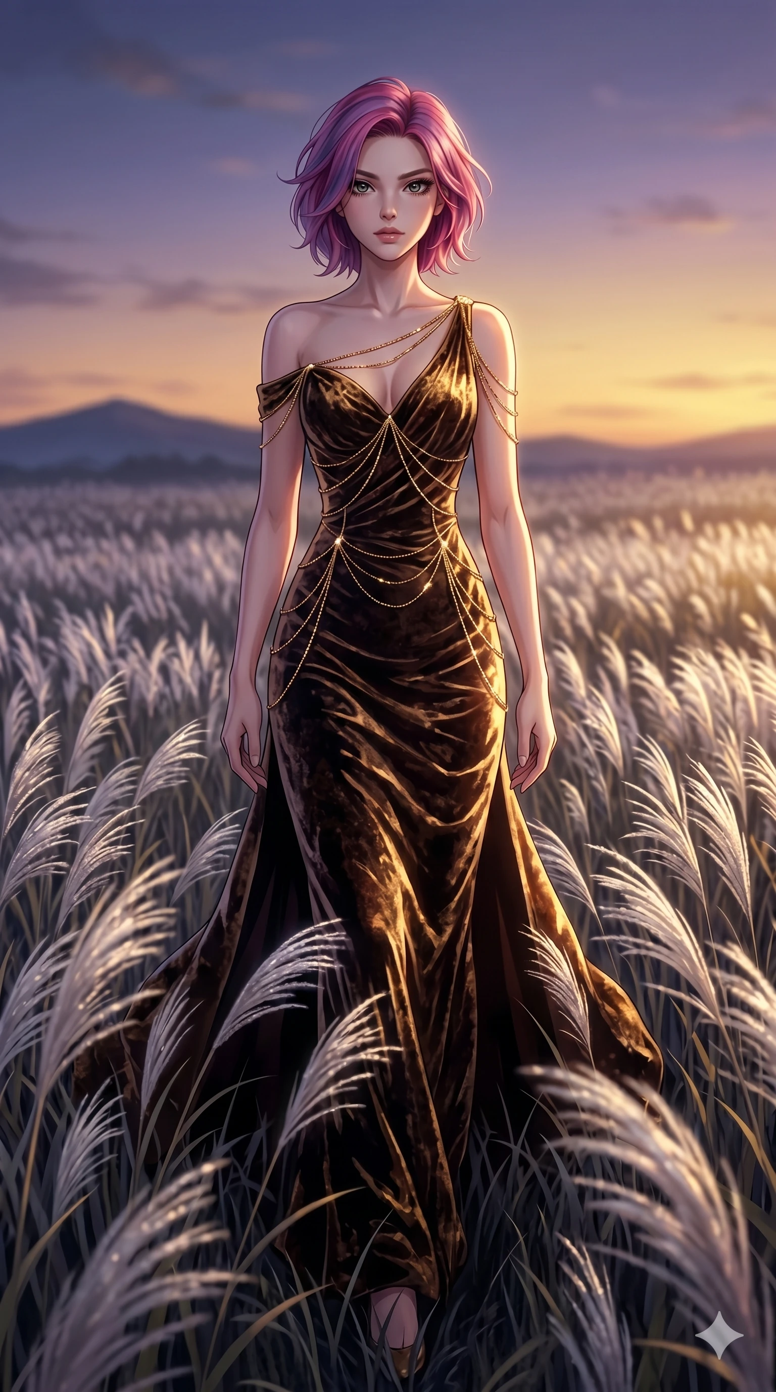 score_9, masterpiece, best quality, ultra-detailed, High-budget Anime Keyframe, East Asian woman. Dynamic full-body shot stretching the vertical silhouette to the limit. Scenario 108: Walking through a field of tall silver grass at twilight. Her presence is magnetic and overpowering in this high-budget anime scene. Outfit 108: A crushed dark velvet gold with a low-cut shoulder and fine gold chains. The clothing is designed to emphasize her exceptionally tall and slender 8-heads proportion. 8-heads proportion, towering silhouette, ultra-slim waist. sharp v-shaped jawline, intricate jewel-like eyes with depth, thick eyelashes, glossy lips. 2k, ultra detail, master piece, 9:16 ratio
