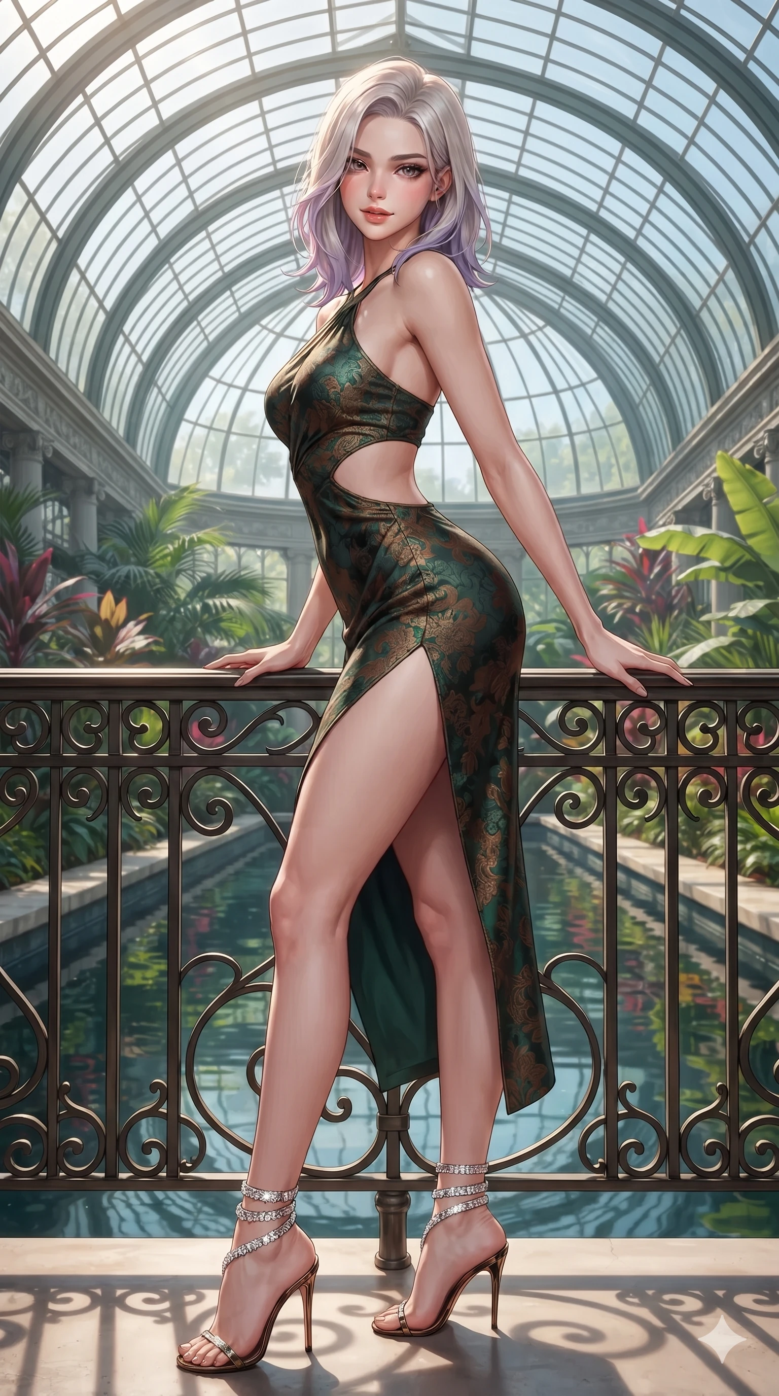 score_9, masterpiece, best quality, ultra-detailed, high-budget anime keyframe, editorial fashion photography, tasteful artistic composition, Caucasian woman. close-up cowboy shot from the waist and thighs up, the character dominates the composition, filling the frame with her large presence. twisting her slender torso in a deep contrapposto stance, hips dramatically shifted to accentuate her feminine curves while looking past her shoulder with smoldering bedroom-eyes while leaning against the decorative iron bridge rail with hips cocked back, looking through thick curled eyelashes with an enchanting, dangerous smile. The surrounding environment is rendered in vivid detail and crisp panoramic clarity: detailed gold sequin wrap skirt cling, plunging halter sports top, and imperial greenhouse craft in razor-sharp precision. She has an exceptionally elegant, slender, and willowy female figure with an ultra-slim waist, flat toned midriff, narrow ribcage, and sculpted feminine hips creating an alluring, slim hourglass silhouette without bulk. sharp v-shaped jawline, high-bridge nose, sparkling eyes with hypnotic seductive depth, thick curled eyelashes, glossy parted lips with a natural dewy peach sheen, alluring bedroom-eyes with an enchanting coquettish smile, exuding magnetic siren charisma and sophisticated glamour, flawlessly proportioned anatomical accuracy, strict slender model proportions, natural body alignment, perfectly sculpted long slender limbs, ultra-slim waistline, clean dynamic posture without body distortion. wearing an asymmetric one-shoulder liquid jersey nymph dress with dramatic hip-high slit and waist cutout in deep forest emerald and antique burnished bronze, tailored from rich silk jacquard with subtle embossed flora patterns, complemented by strappy stiletto sandals with crystal ankle wraps accentuating her slender calves, the liquid-tight tailored fabric clinging flawlessly to her narrow waist and rounded feminine hips, emphasizing every millimeter of her sculpted slim hourglass curves without any bulky heaviness. bathed in glorious, crystal-clear morning sun pouring through curved glass roofs onto reflecting canals. ultra-reflective glossy finish, specular highlights, rich textural contrasts, high-contrast stereoscopic depth, volumetric dynamic lighting, 2k, ultra detail, master piece, 9:16 ratio