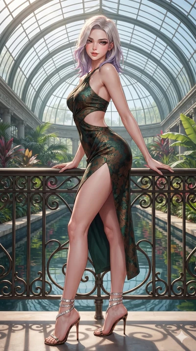 Caucasian woman. twisting her slender torso in a deep contrapposto stance, hips dramatically shifted to accentuate her feminine curves while looking past her shoulder with smoldering bedroom-eyes while leaning against the decorative iron bridge rail with hips cocked back, looking through thick curled eyelashes with an enchanting, dangerous...