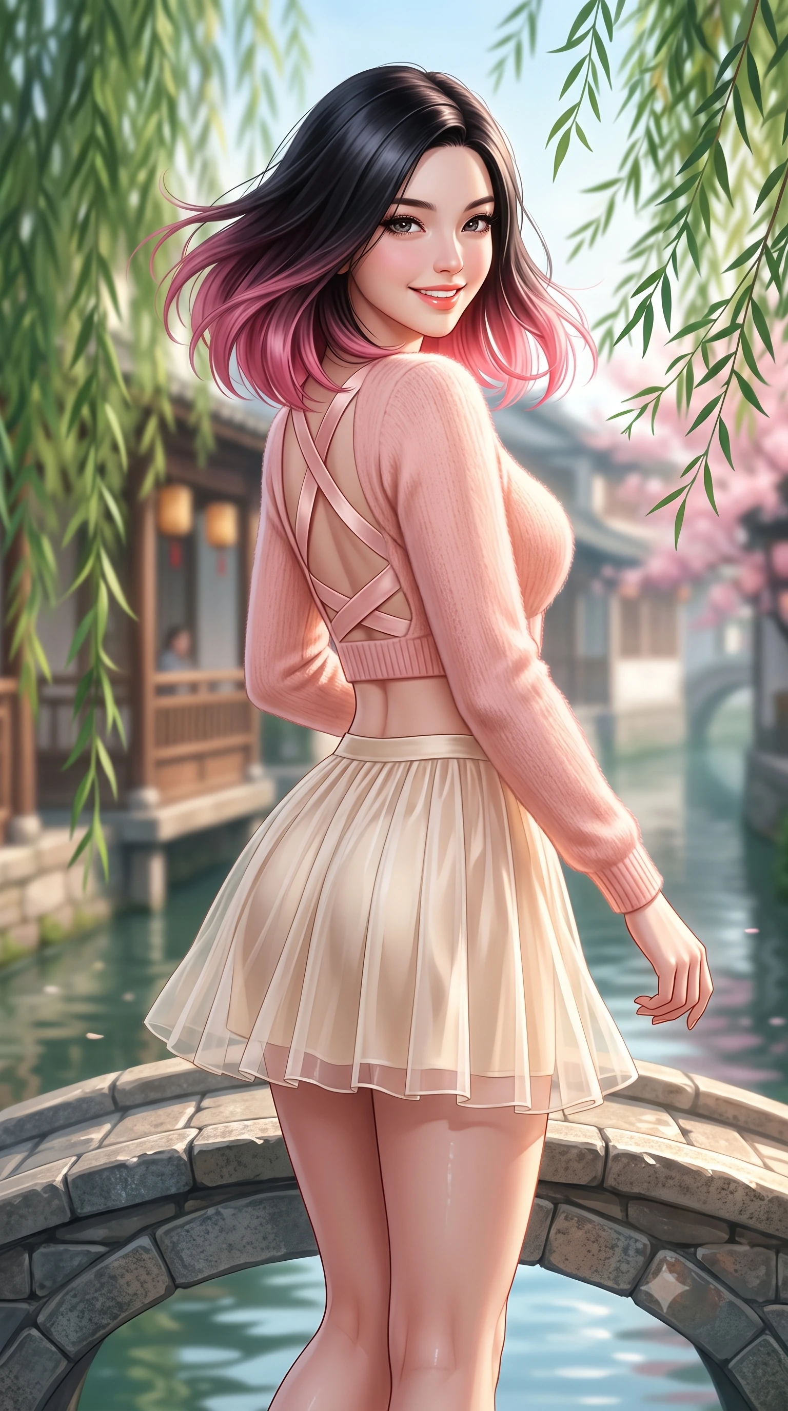 score_9, masterpiece, best quality, ultra-detailed, high-budget anime keyframe, semi-realistic 3D game render, editorial fashion photography, tasteful artistic composition, Korean woman. close-up cowboy shot from the waist and thighs up, the character dominates the composition, filling the frame with her large presence. turning playfully with a bright confident smile, her glossy hair tossing in the breeze as her hips angle gracefully in a captivating contrapposto while pausing gracefully at the center of the small arched stone bridge, arching her lower back with a bright, charming smile as weeping willow fronds brush the water. The composition keeps background elements in soft focus with dreamy creamy bokeh. swaying emerald weeping willow branches and historic wooden teahouse facades blurred into soft jade, amber, and cherry blossom bokeh. She has an exceptionally elegant, slender, and willowy female figure with an ultra-slim waist, flat toned midriff, narrow ribcage, and sculpted feminine hips creating an alluring, slim hourglass silhouette without bulk. sharp v-shaped jawline, high-bridge nose, intricate jewel-like sparkling eyes with depth, thick eyelashes, glossy parted lips with a natural peach sheen, bright cheerful beaming smile with an enchanting and coquettish sensual glint, exuding both youthful cute charm and seductive allure, flawlessly proportioned anatomical accuracy, strict slender model proportions, natural body alignment, perfectly sculpted long slender limbs, ultra-slim waistline, clean dynamic posture without body distortion. wearing a soft angora crop knit sweater with a sheer pleated organza mini skirt over an opaque silk slip in pastel peach blossom pink and warm champagne ivory, crafted from soft cozy cashmere yarn with an airy drape, finished with criss-cross back satin straps highlighting her graceful shoulder blades, the form-contouring cut accentuating her sculpted flat midriff, narrow delicate ribcage, and gracefully curvy hips with supermodel precision. illuminated by crystal water specular reflections accentuating her sculpted midriff, narrow waist, and curvy hips. highly saturated vibrant anime colors, detailed shading with soft gradients, rich glossy textures, high-contrast stereoscopic depth, volumetric dynamic lighting, master piece, 9:16 ratio