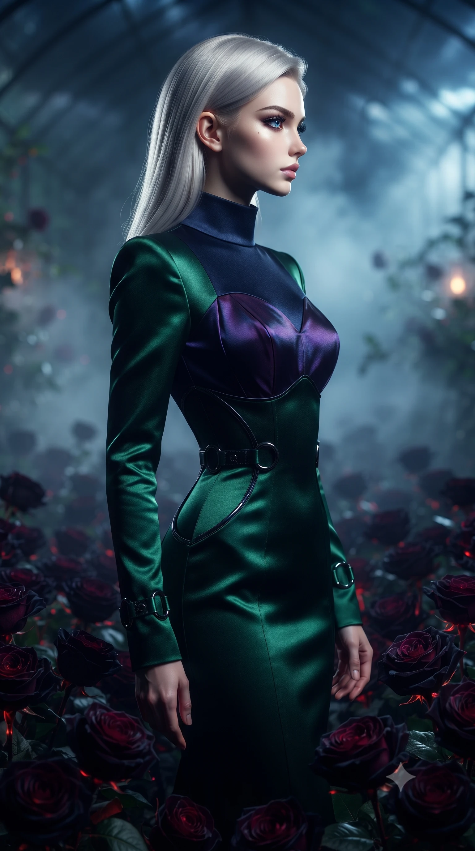 score_9, masterpiece, best quality, ultra-detailed, high-budget anime keyframe, editorial fashion photography, tasteful artistic composition, Caucasian woman. close-up cowboy shot from the waist and thighs up, the character dominates the composition, filling the frame with her large presence, background elements kept in soft focus. Turning her face in sharp dramatic profile against the moody key light, standing amidst a bed of dark velvet roses under a stormy night sky, glowing dark red rose sap emitting subtle bioluminescent light. She has an exceptionally elegant, slender, and willowy female figure with an ultra-slim waist, a gracefully sculpted slender torso, and a refined silhouette. sharp v-shaped jawline, high-bridge nose, intricate jewel-like eyes with depth, thick eyelashes, glossy lips with a natural sheen. wearing long-sleeved dark emerald satin gown with high structured neckline in midnight navy blue, made of iridescent dark violet taffeta, trimmed with dark chrome ring hardware along the waist contours, sculpting her athletic slender build with refined precision. lit by intense nocturnal key light cutting through dense greenhouse fog. highly saturated vibrant anime colors, detailed shading with soft gradients, rich glossy textures, high-contrast stereoscopic depth, volumetric dynamic lighting, master piece, 9:16 ratio