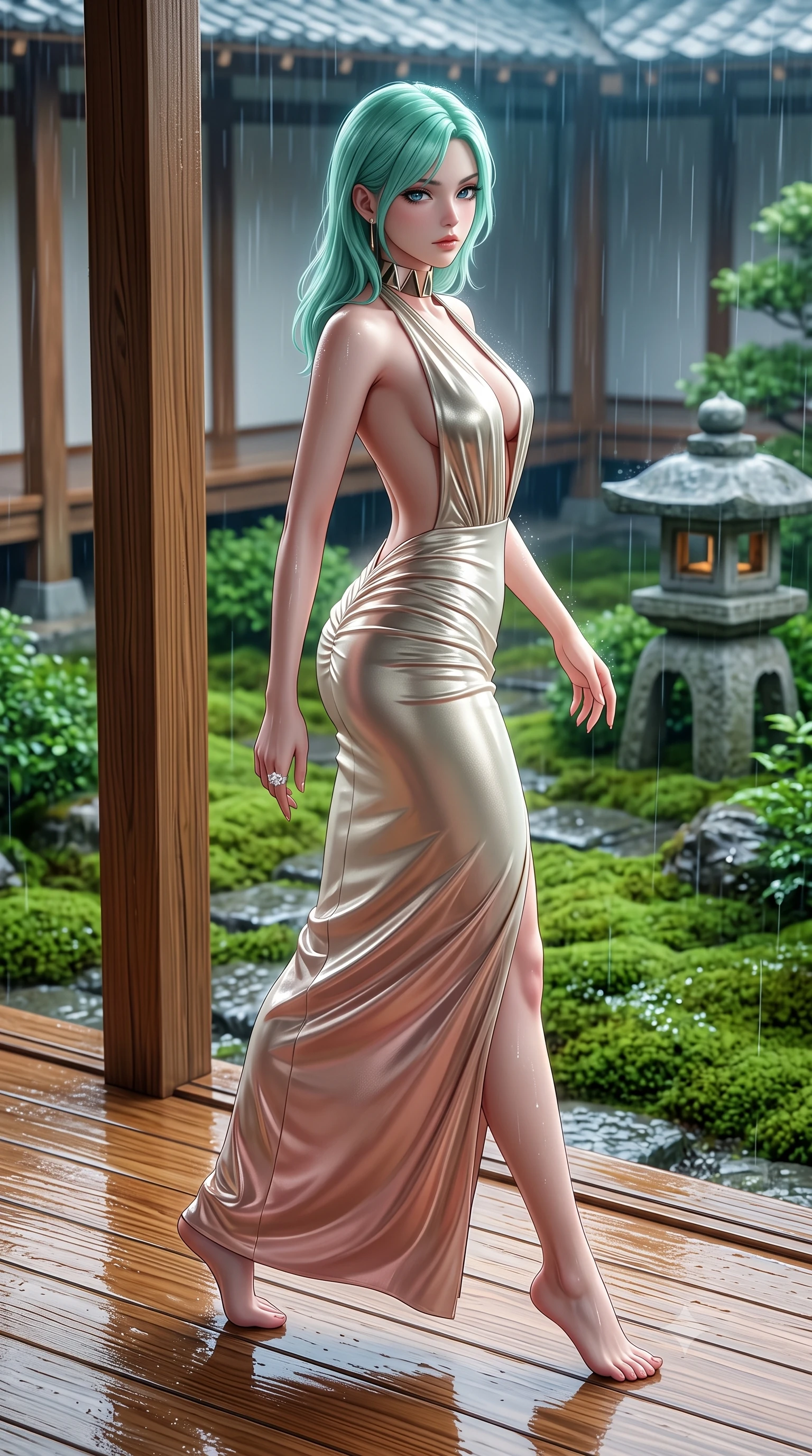 score_9, masterpiece, best quality, ultra-detailed, high-budget anime keyframe, semi-realistic 3D game render, editorial fashion photography, tasteful artistic composition, Japanese woman. low angle full-body shot from head to toe showing her feet, filling the entire 9:16 vertical frame with her statuesque presence, stretching her vertical silhouette. striding forward in a proud supermodel runway stride, hips swaying in an alluring kinetic rhythm that accentuates her curvy hourglass silhouette while perching on the smooth cedar engawa veranda with knees drawn up, looking back over her shoulder as gentle rain taps the moss garden. The surrounding environment is rendered in vivid detail and crisp panoramic clarity. sharp wet cedar wood grain, distinct raindrop beads on moss, and stone lantern textures in deep focus. She has an exceptionally tall and slender model-like 8.5-heads proportion, an ultra-slim waist, a flat toned midriff, narrow delicate ribcage, and beautifully sculpted feminine hips creating a graceful, slim hourglass silhouette without any bulky heaviness, with impossibly long slender legs. sharp v-shaped jawline, high-bridge nose, intricate jewel-like eyes with depth, thick eyelashes, glossy parted lips with a natural sheen, intensely captivating and seductive bedroom-eyes expression, flawlessly proportioned anatomical accuracy, strict slender model proportions, natural body alignment, perfectly sculpted long slender limbs, ultra-slim waistline, clean dynamic posture without body distortion. wearing a plunging halter-neck metallic lamé column dress with a dramatic bare spine and hip-defining ruching in vintage champagne ivory and delicate rose gold, tailored from liquid silk jersey adhering flawlessly to her slender build, complemented by a bold geometric choker and sparkling cocktail ring, the second-skin form-contouring cut accentuating her sculpted flat midriff, narrow delicate ribcage, and gracefully curvy hips with supermodel precision. illuminated by wet specular highlights accentuating her slender neckline, sculpted waist, and rounded hips. highly saturated vibrant anime colors, detailed shading with soft gradients, rich glossy textures, high-contrast stereoscopic depth, volumetric dynamic lighting, master piece, 9:16 ratio