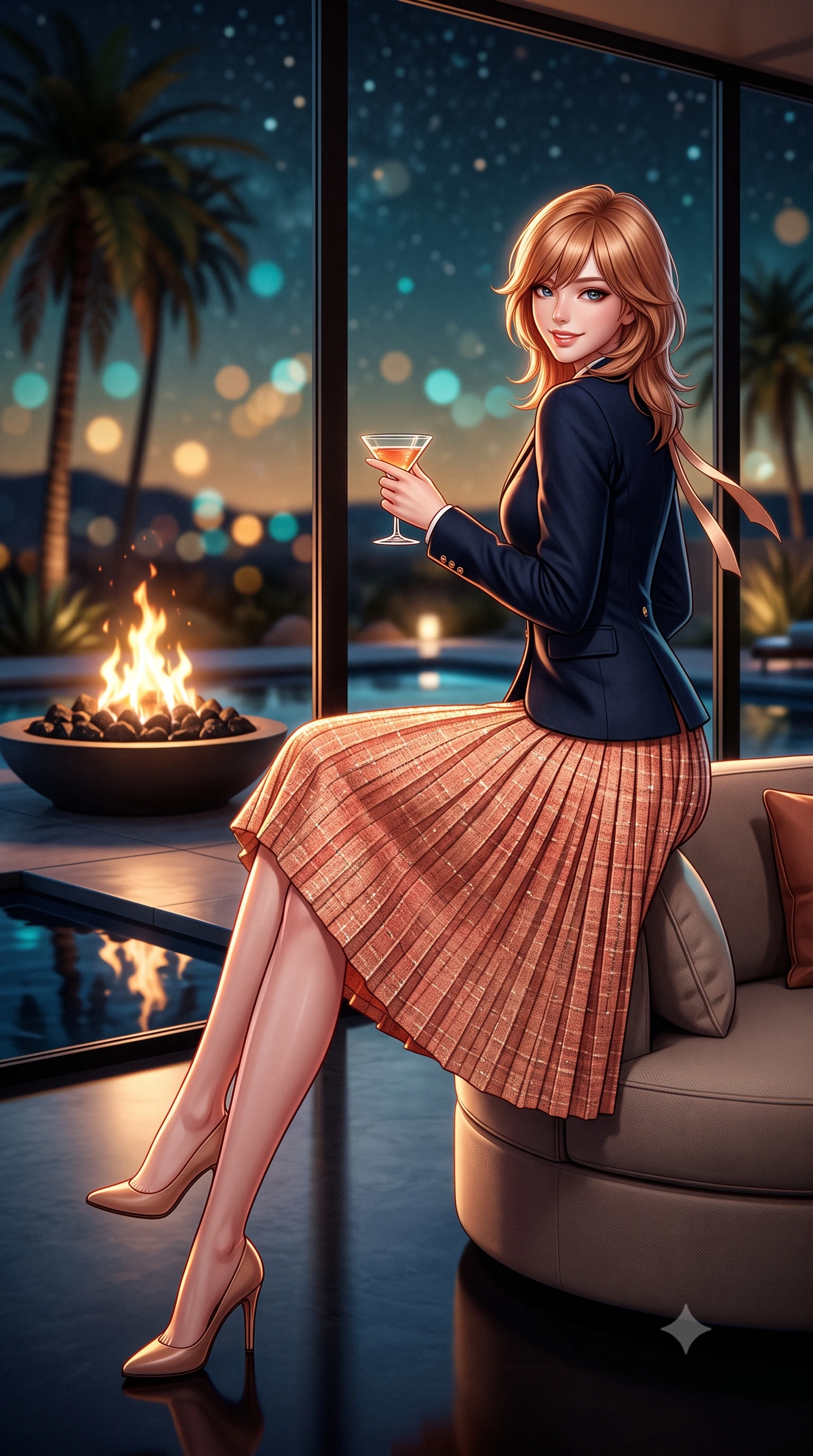 score_9, masterpiece, best quality, ultra-detailed, high-budget anime keyframe, semi-realistic 3D game render, editorial fashion photography, tasteful artistic composition, Korean woman. low angle full-body shot from head to toe showing her feet, filling the entire 9:16 vertical frame with her statuesque presence, stretching her vertical silhouette. posing in a classic haute-couture S-curve stance beside the floor-to-ceiling window, looking over a bare shoulder with magnetic presence while sitting gracefully on the circular sofa with legs crossed, holding a cocktail glass with magnetic Hollywood glamour. The background shows a soft-focus dancing gas fire pit flames on black volcanic rocks, towering palm silhouettes, and starry desert night sky blurred into amber, turquoise, and obsidian bokeh. She has an exceptionally tall and slender model-like 8.5-heads proportion, an ultra-slim waist, a flat toned midriff, narrow delicate ribcage, and beautifully sculpted feminine hips creating a graceful, slim hourglass silhouette without any bulky heaviness, with impossibly long slender legs. sharp v-shaped jawline, high-bridge nose, intricate jewel-like sparkling eyes with depth, thick eyelashes, glossy parted lips with a natural peach sheen, bright cheerful beaming smile with an enchanting and coquettish sensual glint, exuding both youthful cute charm and seductive allure, flawlessly proportioned anatomical accuracy, strict slender model proportions, natural body alignment, perfectly sculpted long slender limbs, ultra-slim waistline, clean dynamic posture without body distortion. wearing a tailored navy wool equestrian riding blazer paired with a pleated midi skirt in Palm Springs desert sunset coral and warm honey champagne, woven from structured British tweed with subtle metallic flecks, finished with satin ribbon ties at the shoulders fluttering in the gentle breeze, the impeccably tailored cut draping gracefully along her slender figure with aristocratic poise. illuminated by dark pool surface reflection bounce and sharp copper-gold rim lights defining her dewy collarbones, ultra-slim waist, and curvy hips. highly saturated vibrant anime colors, detailed shading with soft gradients, rich glossy textures, high-contrast stereoscopic depth, volumetric dynamic lighting, master piece, 9:16 ratio