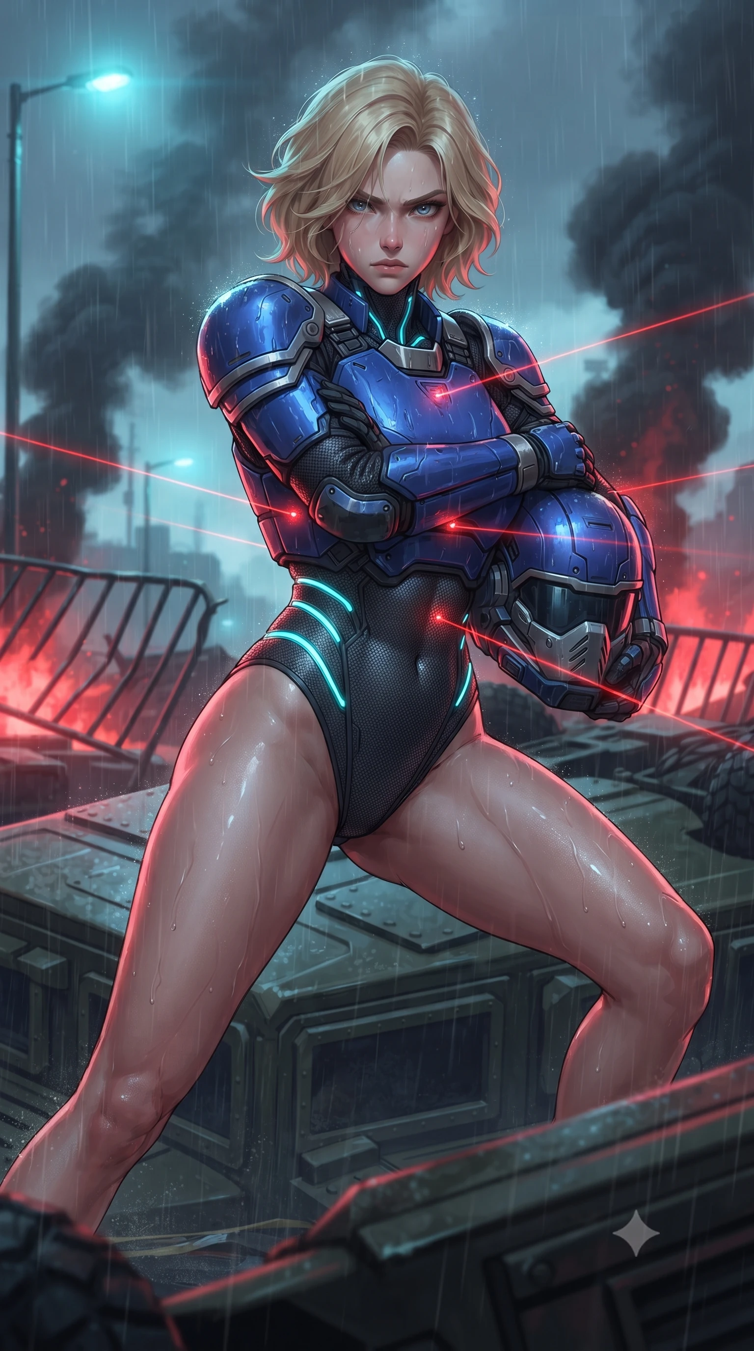 score_9, masterpiece, best quality, ultra-detailed, high-budget anime keyframe, editorial fashion photography, tasteful artistic composition, Caucasian woman. close-up cowboy shot from the waist and thighs up, the character dominates the composition, filling the frame with her large presence. shifting into a low cat-stance with arms crossed defensively, glowing energy conduits tracing her ultra-slim waist and sculpted clavicle while pivoting dynamically across overturned armored transports as red laser targeting sights sweep across her athletic torso. The composition keeps background elements in soft focus with creamy bokeh. twisted metal barriers and rising black smoke plumes softened in moody shallow focus. She has an exceptionally elegant, slender, and willowy female figure with an ultra-slim waist, a gracefully sculpted slender torso, toned flat midriff, and a refined slim silhouette. sharp v-shaped jawline, high-bridge nose, intricate jewel-like eyes with depth, thick eyelashes, glossy lips with a natural sheen, fierce and resolute heroine expression, flawlessly proportioned anatomical accuracy, strict slender model proportions, natural body alignment, perfectly sculpted long slender limbs, ultra-slim waistline, clean dynamic posture without body distortion. holding a modular carbon battle-helmet under one arm, her flawless face and sculpted neck exposed to the rain with determined warrior focus, paired with a heavy modular carbon-fiber combat cuirass paired with a second-skin tactical leotard and reinforced titanium shoulder pauldrons in electric cobalt blue carbon with brushed platinum tactical trim, tailored from flexible second-skin ballistic carbon-mesh adhering flawlessly to her athletic build, featuring a sleek aerodynamic collar framed by subtle glowing cybernetic status LEDs, the sleek second-skin cut tightly hugging her graceful clavicle, narrow waist, and feminine curves with athletic precision. bathed in blazing crimson barricade fire glow and high-contrast electric cyan streetlamp rim lights. ultra-reflective glossy finish, specular highlights, dark metallic sheen, high-contrast stereoscopic depth, volumetric dynamic lighting, 2k, ultra detail, master piece, 9:16 ratio