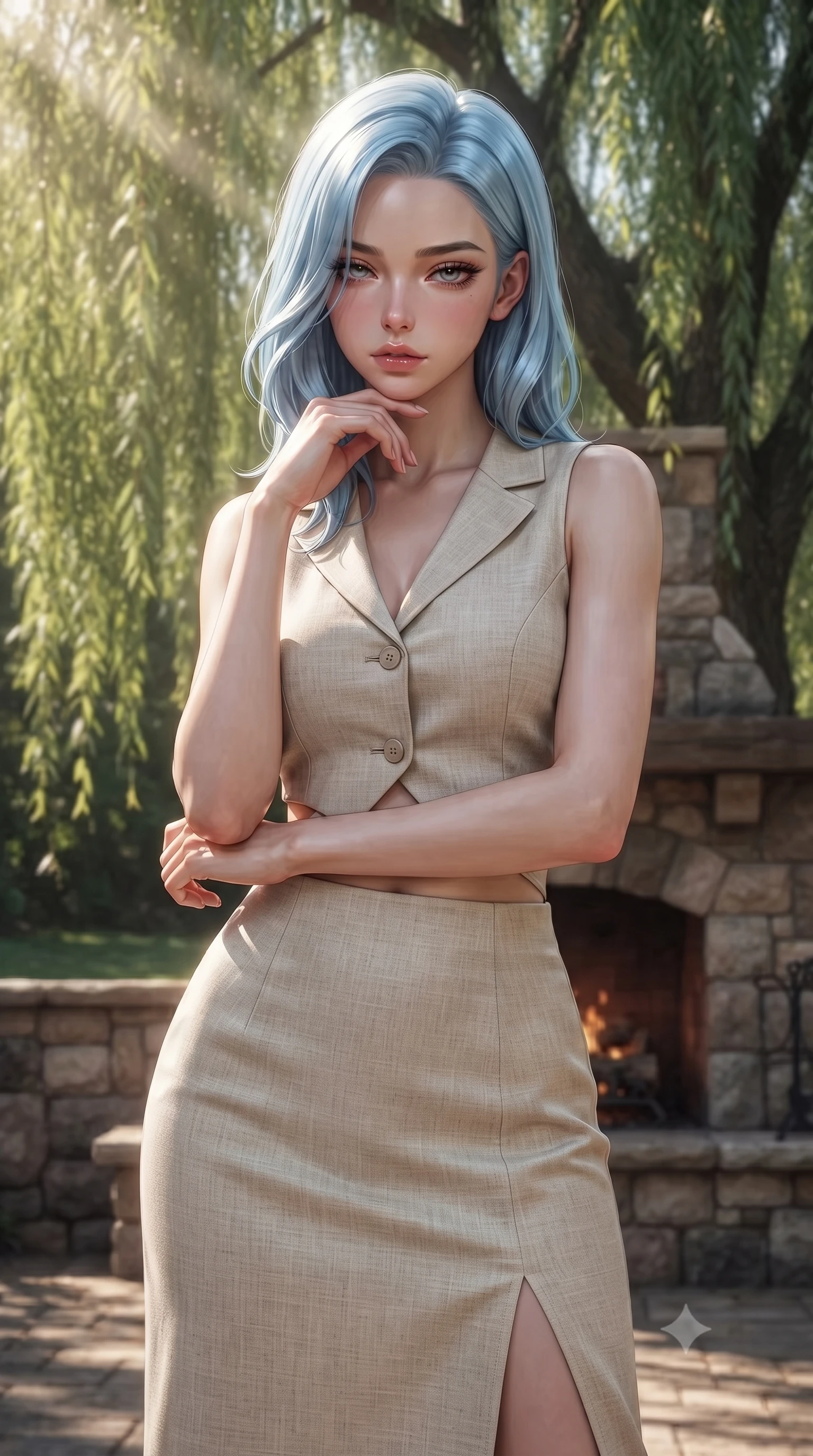 score_9, masterpiece, best quality, ultra-detailed, high-budget anime keyframe, editorial fashion photography, tasteful artistic composition, Korean woman. close-up cowboy shot from the waist and thighs up, the character dominates the composition, filling the frame with her large presence, background elements kept in soft focus. resting her chin on the backs of her fingers, casting a heavy-lidded, sultry look past the camera the background shows a soft-focus a rustic stone fireplace deck under a large weeping willow tree in a private park. She has an exceptionally elegant, slender, and willowy female figure with an ultra-slim waist, a gracefully sculpted slender torso, and a refined silhouette. sharp v-shaped jawline, high-bridge nose, intricate jewel-like eyes with depth, thick eyelashes, glossy lips with a natural sheen. wearing a tailored tailored vacation outfit of a linen crop vest and a matching side-slit midi skirt, revealing a subtle waist cutout. dappled sunbeams filtering through the willow leaves onto the grass. ultra-reflective glossy finish, specular highlights, metallic sheen, high-contrast stereoscopic depth, volumetric dynamic lighting, 2k, ultra detail, master piece, 9:16 ratio