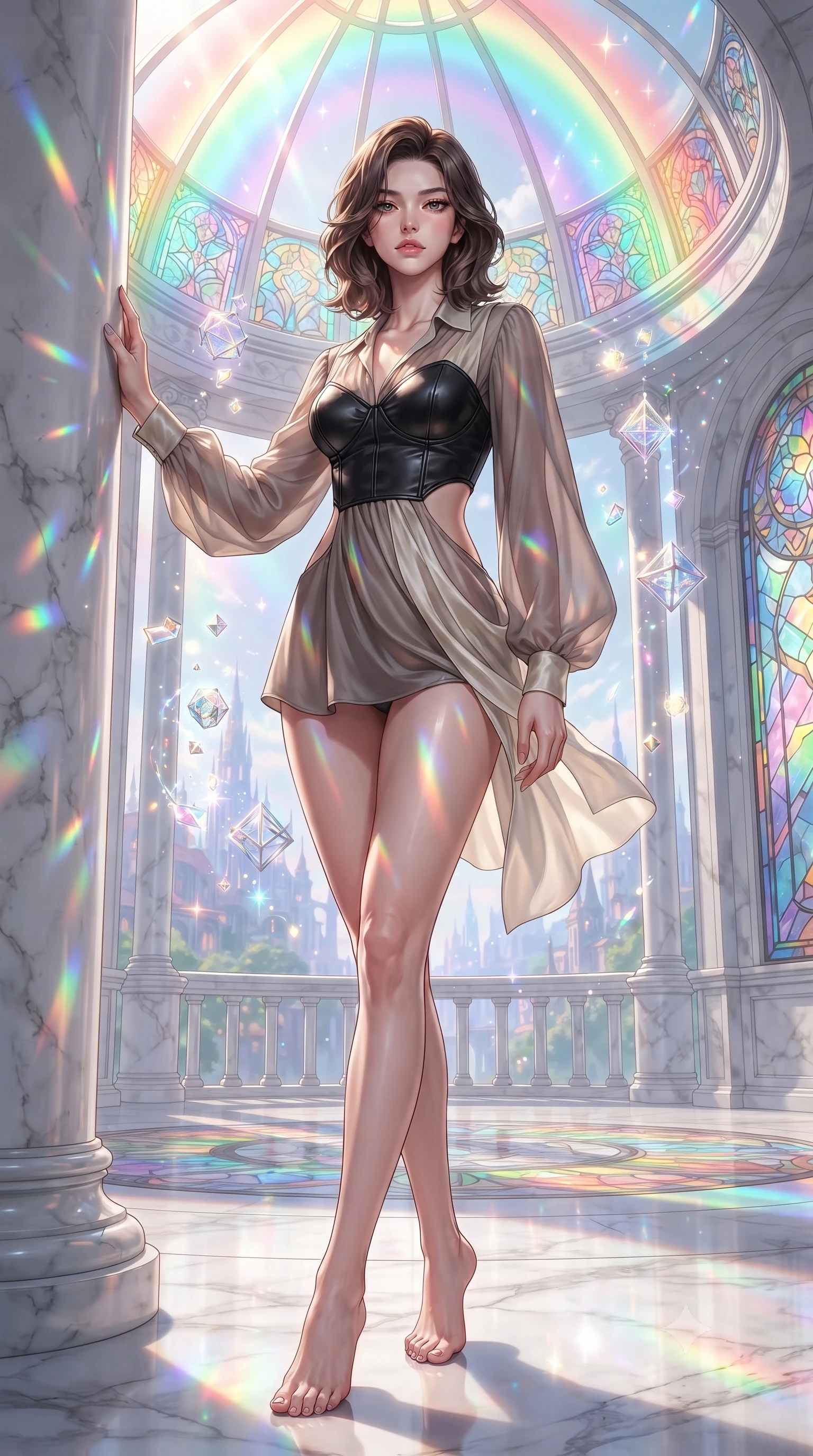 score_9, masterpiece, best quality, ultra-detailed, high-budget anime keyframe, editorial fashion photography, tasteful artistic composition, Korean woman. low angle full-body shot from head to toe showing her feet, filling the entire 9:16 vertical frame with her statuesque presence, stretching her vertical silhouette. interacting gracefully with the magical floating elements while maintaining a confident posture resting against a sculpted white marble pillar under a rainbow dome, vibrant rainbow light patterns projected across her skin and costume. She has an absolutely perfect, statuesque 8.5-heads proportion, an exceptionally tall and slender model-like female figure with impossibly long slender legs and an ultra-slim waist. sharp v-shaped jawline, high-bridge nose, intricate jewel-like eyes with depth, thick eyelashes, glossy lips with a natural sheen. wearing a tailored leather bustier over a sheer silk chiffon blouse in muted taupe and soft ivory, crafted from lustrous satin jersey with fluid draping, featuring clean architectural cutouts along her slender torso, the sleek second-skin texture accentuating her magnetic presence. bathed in cascading rainbow prismatic light refracting through stained glass. ultra-reflective glossy finish, specular highlights, metallic sheen, high-contrast stereoscopic depth, volumetric dynamic lighting, 2k, ultra detail, master piece, 9:16 ratio
