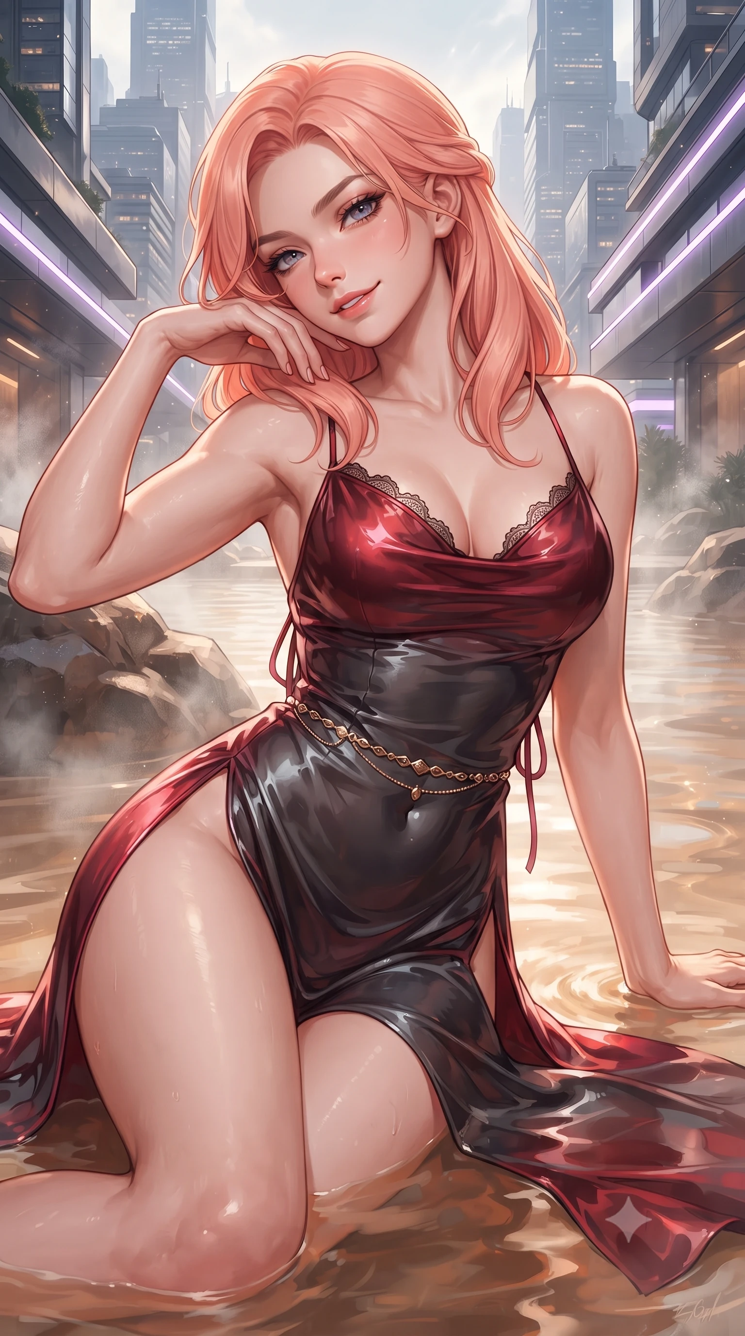 score_9, masterpiece, best quality, ultra-detailed, high-budget anime keyframe, editorial fashion photography, tasteful artistic composition, Japanese woman. close-up cowboy shot from the waist and thighs up, the character dominates the composition, filling the frame with her large presence. tilting her head with a teasing half-smile, running one hand slowly down the side of her hip in a flirtatious S-curve as ambient light caresses her silhouette while lounging in the shallow thermal water propped on one elbow, her statuesque 8.5-heads silhouette radiating breathtaking futuristic power and allure. The surrounding environment is rendered in vivid detail and crisp panoramic clarity: detailed wet-look high-cut monokini cling, gold waist chain shine, and mega-skyscraper cantilever engineering in high resolution. She has an exceptionally elegant, slender, and willowy female figure with an ultra-slim waist, flat toned midriff, narrow ribcage, and sculpted feminine hips creating an alluring, slim hourglass silhouette without bulk. sharp v-shaped jawline, high-bridge nose, sparkling eyes with hypnotic seductive depth, thick curled eyelashes, glossy parted lips with a natural dewy peach sheen, alluring bedroom-eyes with an enchanting coquettish smile, exuding magnetic siren charisma and sophisticated glamour, flawlessly proportioned anatomical accuracy, strict slender model proportions, natural body alignment, perfectly sculpted long slender limbs, ultra-slim waistline, clean dynamic posture without body distortion. wearing a plunging cowl-neck liquid silk satin slip gown with daring hip-high double slits and delicate back ties in rich cherry lacquer and smoky charcoal, crafted from wet-look high-gloss vinyl fabric with dazzling specular surface reflections, finished with scalloped eyelash lace trim framing her sweetheart neckline with intimate elegance, the second-skin tailored fabric adhering flawlessly to her sculpted flat midriff and slender torso, emphasizing her long leg lines and perfectly proportioned willowy build. illuminated by steam particle light scatter and sharp platinum-violet rim lights defining her razor-sharp jawline, narrow waist, and voluptuous hip curves. ultra-reflective glossy finish, specular highlights, rich textural contrasts, high-contrast stereoscopic depth, volumetric dynamic lighting, 2k, ultra detail, master piece, 9:16 ratio