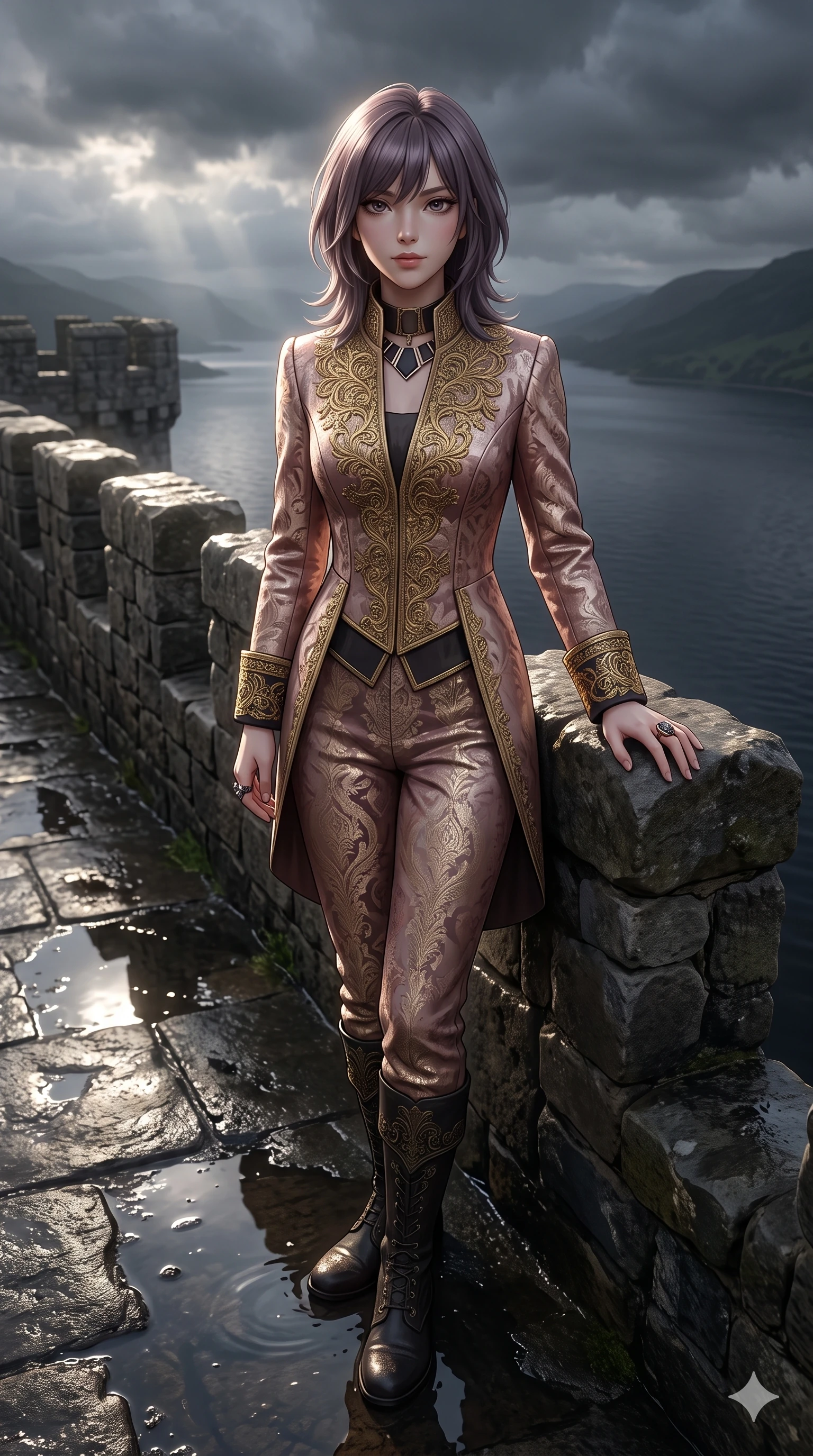 score_9, masterpiece, best quality, ultra-detailed, high-budget anime keyframe, semi-realistic 3D game render, editorial fashion photography, tasteful artistic composition, Japanese woman. low angle full-body shot from head to toe showing her feet, filling the entire 9:16 vertical frame with her statuesque presence, stretching her vertical silhouette. stepping slowly toward the camera with hypnotic grace, hips swaying in an alluring sensual rhythm that accentuates her curvy hourglass silhouette and long slender legs while leaning deep against the parapet edge with hips cocked back, looking out over the dark loch as storm clouds part with smoldering bedroom-eyes. The surrounding environment is rendered in vivid detail and crisp panoramic clarity: detailed anime keyframe lines, wet-look fabric drape, and monumental castle battlements in high resolution. She has an exceptionally tall and slender model-like 8.5-heads proportion, an ultra-slim waist, a flat toned midriff, narrow delicate ribcage, and beautifully sculpted feminine hips creating a graceful, slim hourglass silhouette without any bulky heaviness, with impossibly long slender legs. sharp v-shaped jawline, high-bridge nose, intricate jewel-like eyes with depth, thick eyelashes, glossy parted lips with a natural sheen, intensely captivating and seductive bedroom-eyes expression, flawlessly proportioned anatomical accuracy, strict slender model proportions, natural body alignment, perfectly sculpted long slender limbs, ultra-slim waistline, clean dynamic posture without body distortion. wearing a royal Renaissance brocade ceremonial jacket with standing mandarin collar and gold-embroidered cuffs in dusky blush rose and champagne shimmer, tailored from water-resistant treated wool gabardine and flexible stretch silk, complemented by a bold geometric choker and sparkling cocktail ring, the impeccably tailored cut draping gracefully along her slender figure with aristocratic poise. puddle reflection bounce and volumetric dynamic lighting highlighting her long slender legs and willowy proportions. highly saturated vibrant anime colors, detailed shading with soft gradients, rich glossy textures, high-contrast stereoscopic depth, volumetric dynamic lighting, master piece, 9:16 ratio