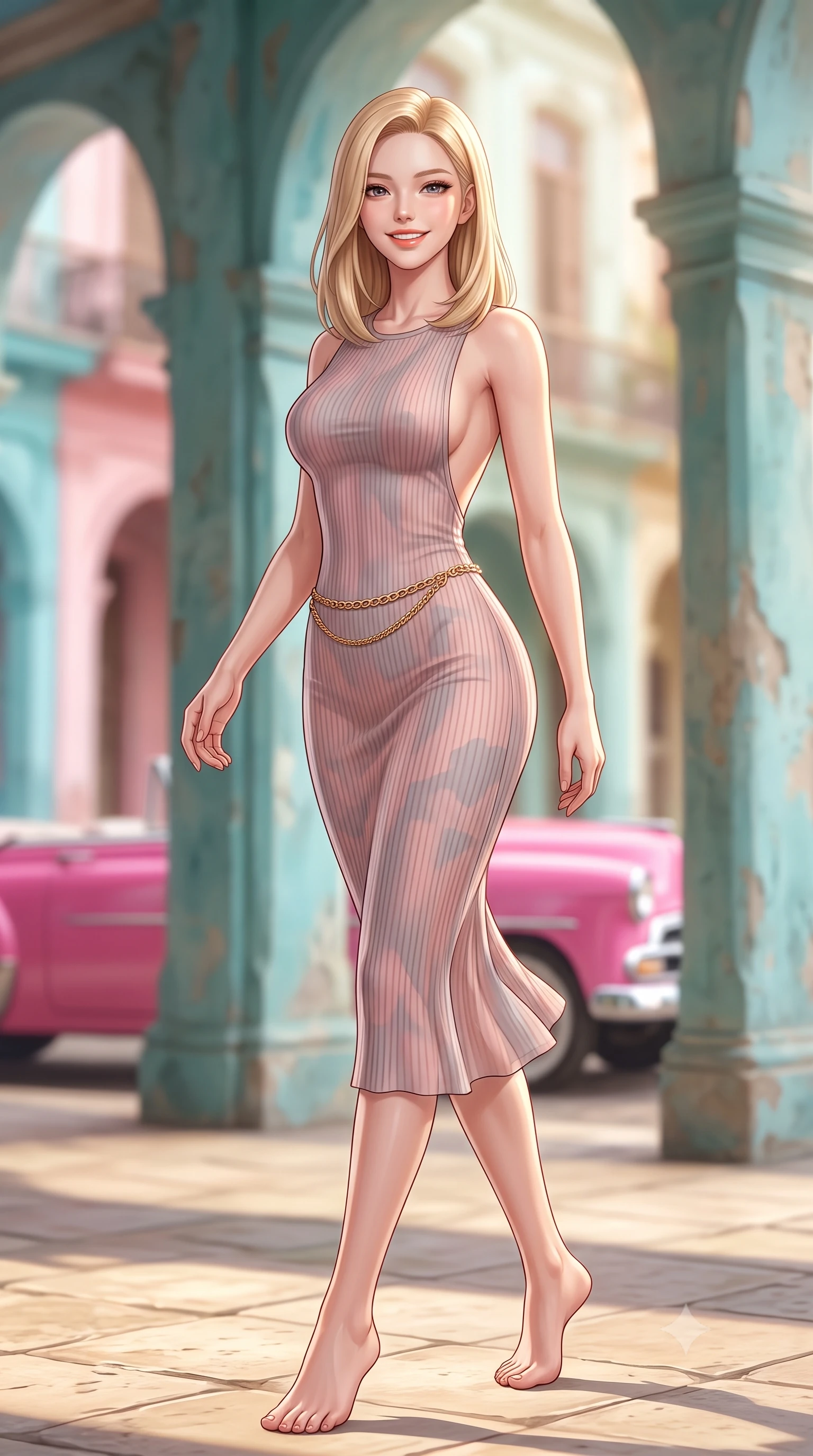 score_9, masterpiece, best quality, ultra-detailed, high-budget anime keyframe, semi-realistic 3D game render, editorial fashion photography, tasteful artistic composition, Korean woman. low angle full-body shot from head to toe showing her feet, filling the entire 9:16 vertical frame with her statuesque presence, stretching her vertical silhouette. stepping forward gracefully in mid-motion with a radiant beaming smile, hips swaying in an alluring kinetic rhythm that accentuates her curvy hourglass silhouette and long slender legs while twisting her slender torso in an alluring S-curve in the warm tropical breeze, flashing a beaming smile with parted glossy lips. The composition keeps background elements in soft focus with dreamy creamy bokeh. weathered pastel turquoise colonnades and vibrant pink classic cars blurred into coral, turquoise, and sun-bleached yellow bokeh. She has an exceptionally tall and slender model-like 8.5-heads proportion, an ultra-slim waist, a flat toned midriff, narrow delicate ribcage, and beautifully sculpted feminine hips creating a graceful, slim hourglass silhouette without any bulky heaviness, with impossibly long slender legs. sharp v-shaped jawline, high-bridge nose, intricate jewel-like sparkling eyes with depth, thick eyelashes, glossy parted lips with a natural peach sheen, bright cheerful beaming smile with an enchanting and coquettish sensual glint, exuding both youthful cute charm and seductive allure, flawlessly proportioned anatomical accuracy, strict slender model proportions, natural body alignment, perfectly sculpted long slender limbs, ultra-slim waistline, clean dynamic posture without body distortion. wearing a form-contouring ribbed knit bodycon midi dress with an open back scoop descending to the base of her spine in dusty rose and soft dove grey, tailored from fine lightweight chiffon that flutters gently in the breeze, accented with a delicate gold chain belt resting loosely on her curvy hips, the form-contouring cut accentuating her sculpted flat midriff, narrow delicate ribcage, and gracefully curvy hips with supermodel precision. illuminated by warm wall bounce light sharply sculpting her razor-sharp jawline, narrow waist, and curvy hips. highly saturated vibrant anime colors, detailed shading with soft gradients, rich glossy textures, high-contrast stereoscopic depth, volumetric dynamic lighting, master piece, 9:16 ratio