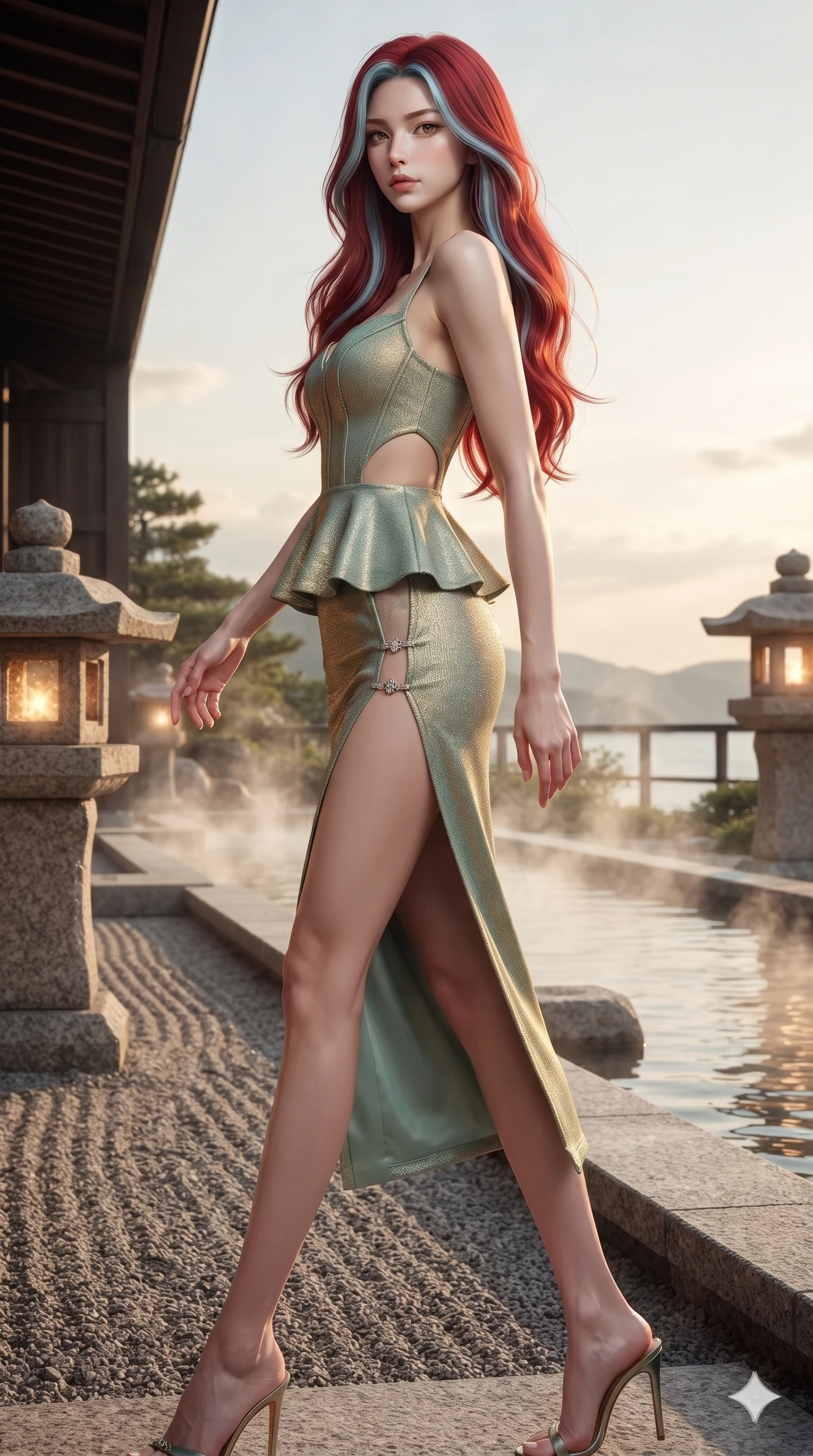 score_9, masterpiece, best quality, ultra-detailed, high-budget anime keyframe, editorial fashion photography, tasteful artistic composition, Caucasian woman. low angle full-body shot from head to toe showing her feet, filling the entire 9:16 vertical frame with her statuesque presence, stretching her vertical silhouette. walking along the waterfront terrace with poise, looking back over her bare shoulder with an irresistible smoldering bedroom-gaze while standing poised beside the steaming thermal spring channel, arching her spine with ethereal siren poise as warm stone lantern light washes over her. The surrounding environment is rendered in vivid detail and crisp panoramic clarity: sharp gravel rake lines, rough-hewn granite lantern textures, and crisp water ripple edges in deep focus. She has an exceptionally tall and slender model-like 8.5-heads proportion, an ultra-slim waist, a flat toned midriff, narrow delicate ribcage, and beautifully sculpted feminine hips creating a graceful, slim hourglass silhouette without any bulky heaviness, with impossibly long slender legs. sharp v-shaped jawline, high-bridge nose, intricate jewel-like sparkling eyes with depth, thick eyelashes, glossy parted lips with a natural sheen, intensely captivating and seductive bedroom-eyes expression, exuding both youthful cute charm and sovereign luxury allure, flawlessly proportioned anatomical accuracy, strict slender model proportions, natural body alignment, perfectly sculpted long slender limbs, ultra-slim waistline, clean dynamic posture without body distortion. wearing a modern peplum corset dress with side-waist diamond cutouts and an ultra-tight silhouette in celadon jade and antique gold-leaf, woven from stretch metallic lurex jersey casting radiant starlight glints across her curves, finished with an ultra-high side slit secured by miniature jeweled clasps, the form-contouring material adhering flawlessly to her sculpted flat midriff and slender torso, emphasizing her long leg lines and perfectly proportioned willowy build. bathed in the rich, intimate 2400K golden radiance of stone lanterns and underwater spring channels. ultra-reflective glossy finish, specular highlights, rich textural contrasts, high-contrast stereoscopic depth, volumetric dynamic lighting, 2k, ultra detail, master piece, 9:16 ratio