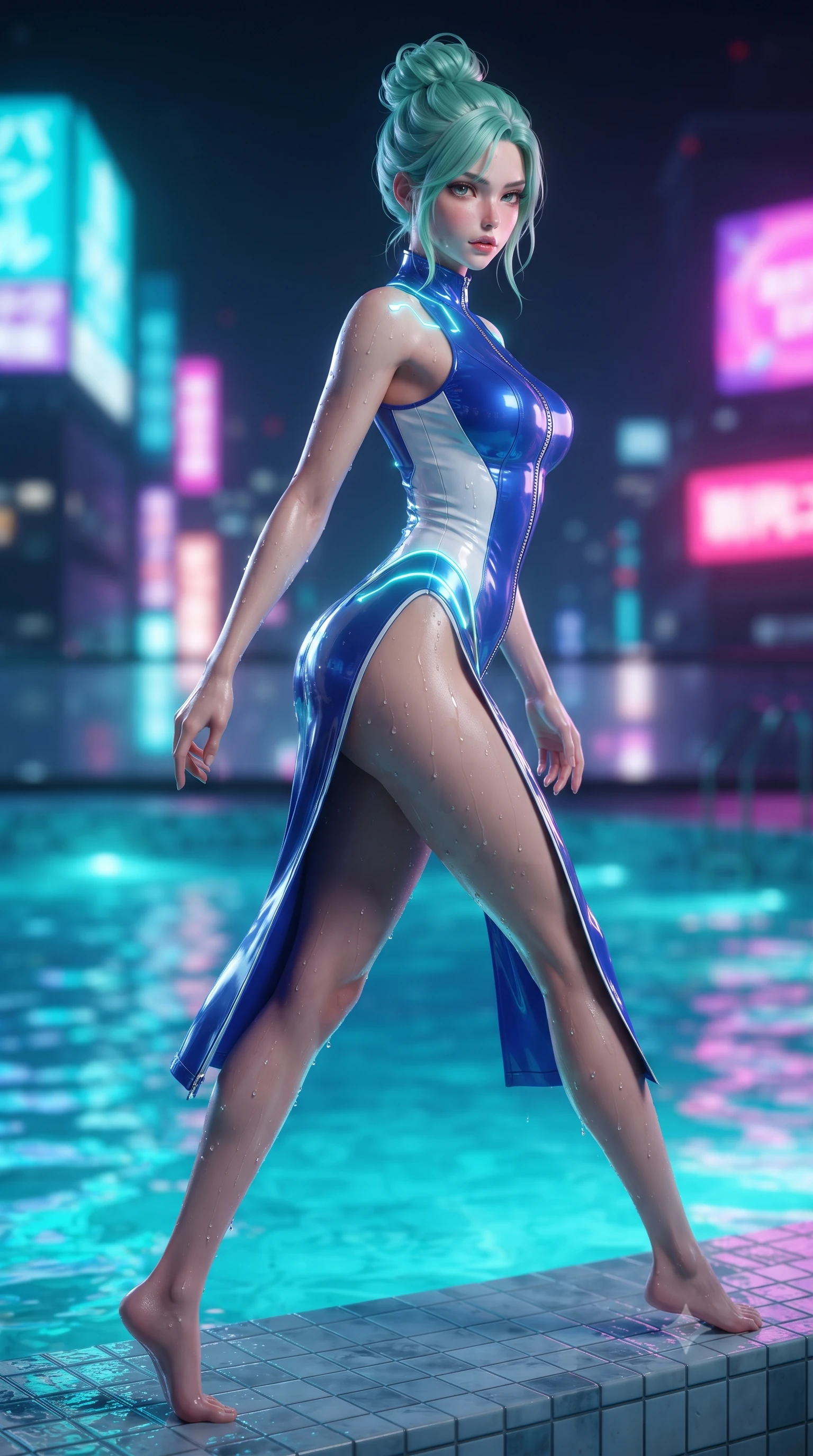 score_9, masterpiece, best quality, ultra-detailed, high-budget anime keyframe, editorial fashion photography, tasteful artistic composition, Japanese woman. low angle full-body shot from head to toe showing her feet, filling the entire 9:16 vertical frame with her statuesque presence, stretching her vertical silhouette. executing an elegant mid-motion pivot turn as garments swirl around her slender limbs, glancing over her shoulder with an intoxicating bedroom-gaze while pulling herself lightly out of the pool onto the tiled ledge, water droplets glistening on her sculpted glutes and toned midriff. The composition keeps background elements in soft focus with creamy bokeh. bioluminescent pool water ripples and neon city rooftop signs blurred into electric turquoise, violet, and hot magenta bokeh. She has an absolutely perfect, statuesque 8.5-heads proportion, an exceptionally tall and slender model-like female figure with impossibly long slender legs, a toned flat midriff, an ultra-slim waist, and beautifully sculpted feminine hips. sharp v-shaped jawline, high-bridge nose, intricate jewel-like eyes with depth, thick eyelashes, glossy parted lips with a natural sheen, intensely captivating and seductive bedroom-eyes expression, flawlessly proportioned anatomical accuracy, strict slender model proportions, natural body alignment, perfectly sculpted long slender limbs, ultra-slim waistline, clean dynamic posture without body distortion. wearing a form-contouring vinyl track dress with diagonal zipper detailing and an ultra-high side slit in electric cobalt blue and high-gloss white, crafted from durable coated canvas and polished metallic hardware, accented with glowing cyan LED circuit lines tracing her hip bones and collarbones, the precision-cut side openings and low-back scoop framing her graceful spine and the sensual sweep of her hips. illuminated by wet specular bounce lights accentuating her feminine waist-to-hip hourglass contour. ultra-reflective glossy finish, specular highlights, rich textural contrasts, high-contrast stereoscopic depth, volumetric dynamic lighting, 2k, ultra detail, master piece, 9:16 ratio