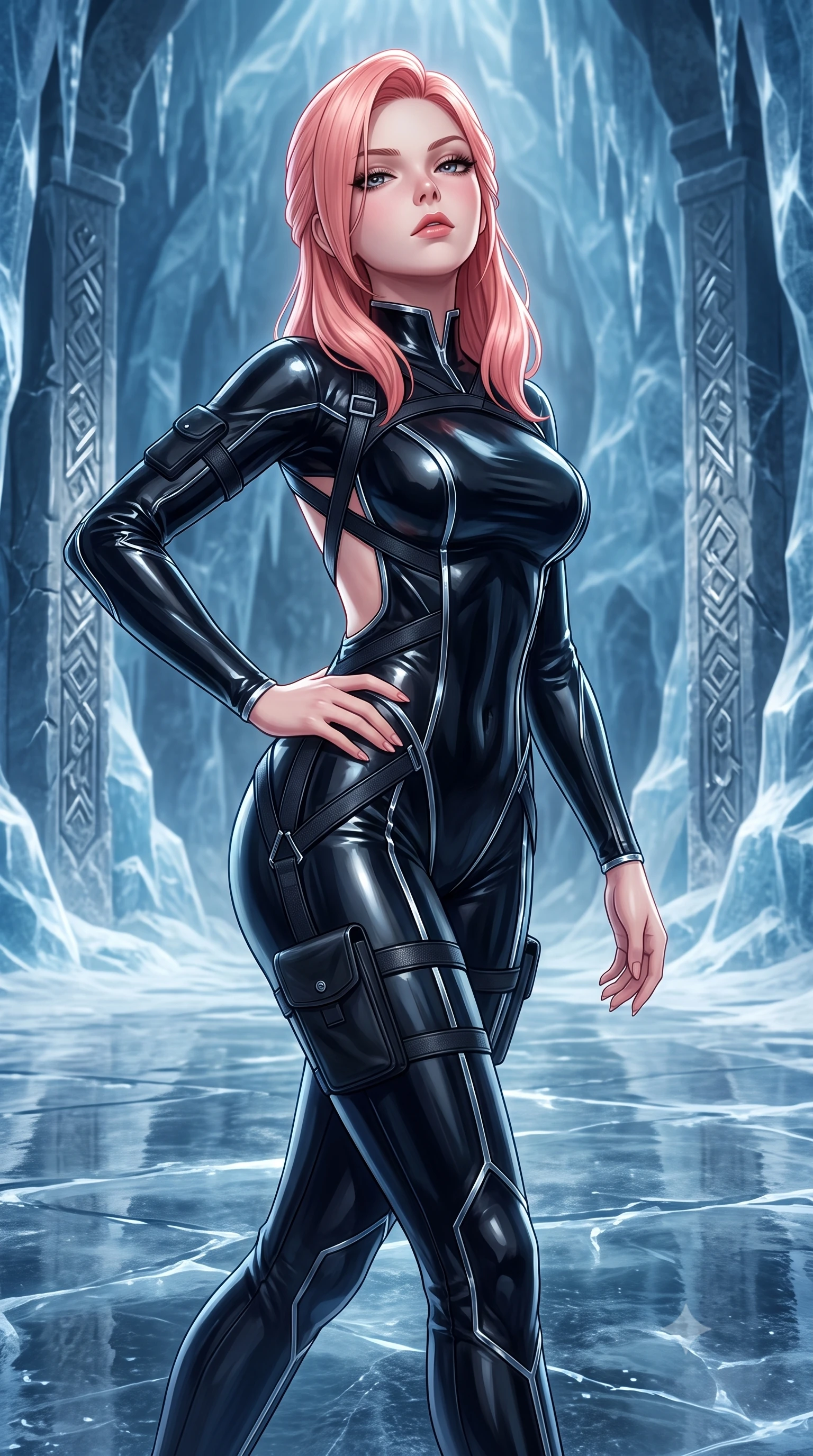 score_9, masterpiece, best quality, ultra-detailed, high-budget anime keyframe, semi-realistic 3D game render, editorial fashion photography, tasteful artistic composition, Japanese woman. close-up cowboy shot from the waist and thighs up, the character dominates the composition, filling the frame with her large presence. tilting her chin up with proud, sovereign allure while gazing through thick eyelashes, one hand resting on her waist in pure supermodel charisma while striding across the reflective frozen stone temple floor, hips swaying in an alluring rhythm as gale-force winds whip her silk drapery. The surrounding environment is rendered in vivid detail and crisp panoramic clarity. sharp chrome runestone carvings, glacier ice fissure clarity, and titanium armor panel seams in deep focus. She has an exceptionally elegant, slender, and willowy female figure with an ultra-slim waist, a gracefully sculpted slender torso, toned flat midriff, and rounded feminine hips creating an alluring hourglass silhouette. sharp v-shaped jawline, high-bridge nose, intricate jewel-like eyes with depth, thick eyelashes, glossy parted lips with a natural sheen, intensely captivating and seductive bedroom-eyes expression, flawlessly proportioned anatomical accuracy, strict slender model proportions, natural body alignment, perfectly sculpted long slender limbs, ultra-slim waistline, clean dynamic posture without body distortion. wearing an undercover operative tailored backless evening catsuit with concealed gadget pockets in pitch-black vinyl and specular chrome trim, tailored from second-skin aerodynamic stretch vinyl with specular sheen, accented with criss-cross back tactical harness straps framing her bare spine, the precision-cut side openings and low-back scoop framing her graceful spine and the sensual sweep of her hips. surrounded by an indomitable, lethal, and breathtakingly majestic cyber-valkyrie goddess aura. highly saturated vibrant anime colors, detailed shading with soft gradients, rich glossy textures, high-contrast stereoscopic depth, volumetric dynamic lighting, master piece, 9:16 ratio