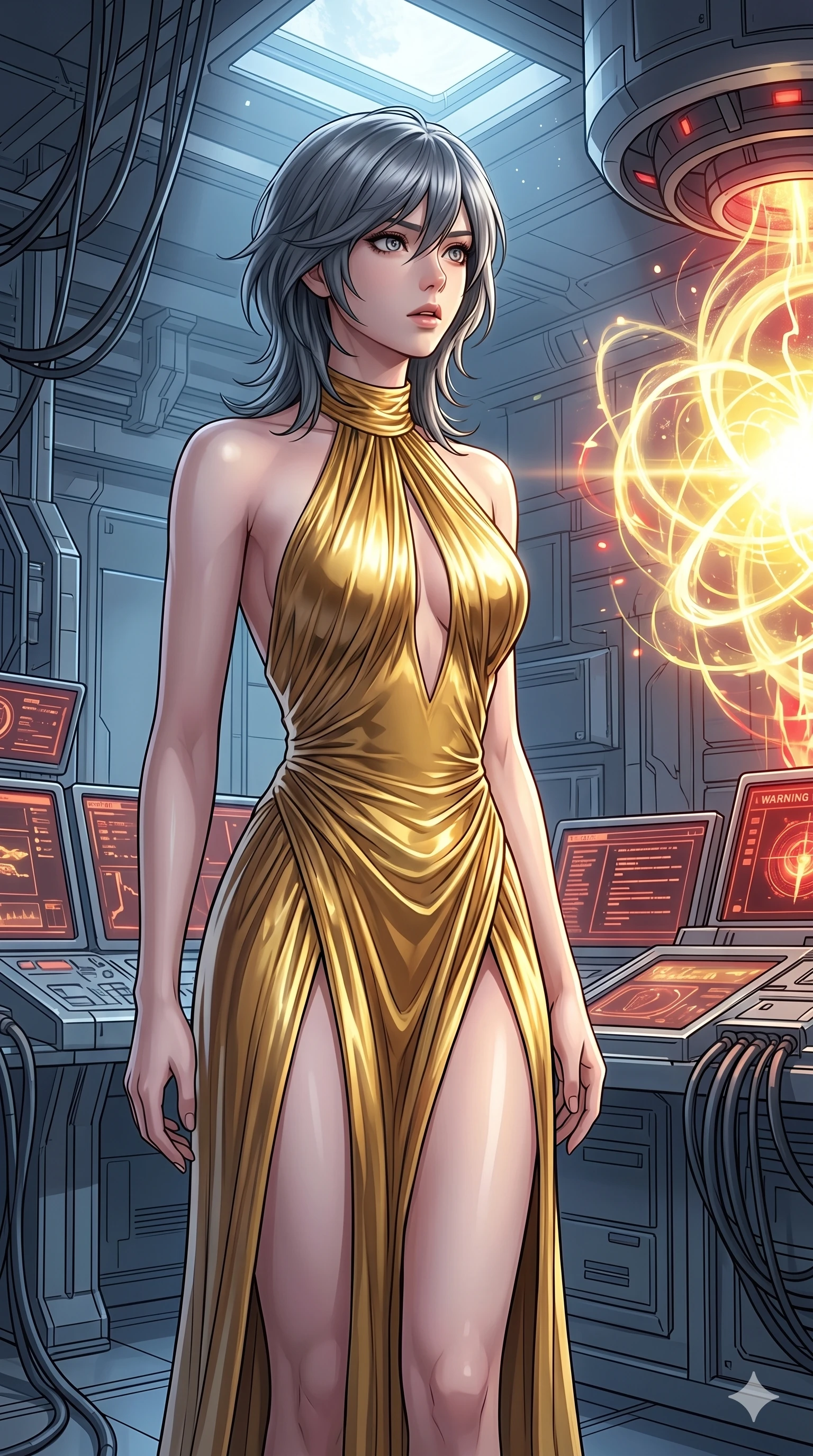 score_9, masterpiece, best quality, ultra-detailed, high-budget anime keyframe, editorial fashion photography, tasteful artistic composition, Caucasian woman, strictly human ears. cowboy shot from the thighs up, character and outfit filling the frame for maximum editorial presence. staring at the source of light with a stunned, breathless look, her chest rising and falling rapidly inside a laboratory as a glowing energy core begins to overload (Scenario Code U-35). She has an absolutely perfect 8-heads proportion, an exceptionally tall and slender female figure with impossibly long slender legs and an ultra-slim waist. V-shaped jawline, high-bridge nose, intricate jewel-like eyes with depth, thick eyelashes, glossy lips with a natural sheen. wearing a liquid gold halter-neck dress with a dangerously high front slit, highlighting her legs. bathed in cold silver moonlight that contrasts with the warm warning lights around her. 2k, ultra detail, master piece, 9:16 ratio