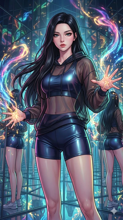 score_9, masterpiece, best quality, ultra-detailed, high-budget anime movie keyframe, cinematic anime lighting, intricate line art, Korean anime girl. Upper body filling screen focusing on her alluring features and slim-fit silhouette. summoning myst