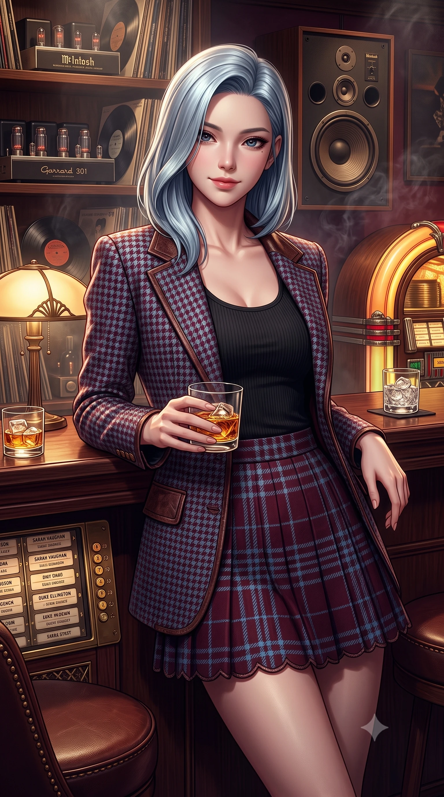 score_9, masterpiece, best quality, ultra-detailed, high-budget anime keyframe, semi-realistic 3D game render, editorial fashion photography, tasteful artistic composition, Korean woman. close-up cowboy shot from the waist and thighs up, the character dominates the composition, filling the frame with her large presence. leaning forward with playful, captivating grace, her sculpted collarbones and slender neckline highlighted by directional light while sitting at the dark mahogany bar counter of an intimate jazz lounge, holding an amber drink with relaxed, classy elegance. The surrounding environment is rendered in vivid detail and crisp panoramic clarity. detailed brass jukebox buttons, glass ice cube refractions, and leather stool stitching in high clarity. She has an exceptionally elegant, slender, and willowy female figure with an ultra-slim waist, a gracefully sculpted slender torso, toned flat midriff, and a refined slim silhouette. sharp v-shaped jawline, high-bridge nose, intricate jewel-like eyes with depth, thick eyelashes, glossy lips with a natural sheen, captivating and magnetic expression, flawlessly proportioned anatomical accuracy, strict slender model proportions, natural body alignment, perfectly sculpted long slender limbs, ultra-slim waistline, clean dynamic posture without body distortion. wearing a tailored 90s houndstooth oversized blazer over a simple scoop-neck top and a high-waisted pleated wool mini-skirt in rich wine burgundy and faded vintage blue, crafted from distressed supple genuine leather and soft ribbed cotton knit, finished with a dainty waist ribbon bow and scalloped hemline trims, the sleek tailored cut tightly hugging her graceful clavicle, narrow waist, and feminine curves with statuesque precision. surrounded by a classy, soulful, and deeply romantic retro audiophile sweetheart aura. highly saturated vibrant anime colors, detailed shading with soft gradients, rich glossy textures, high-contrast stereoscopic depth, volumetric dynamic lighting, master piece, 9:16 ratio