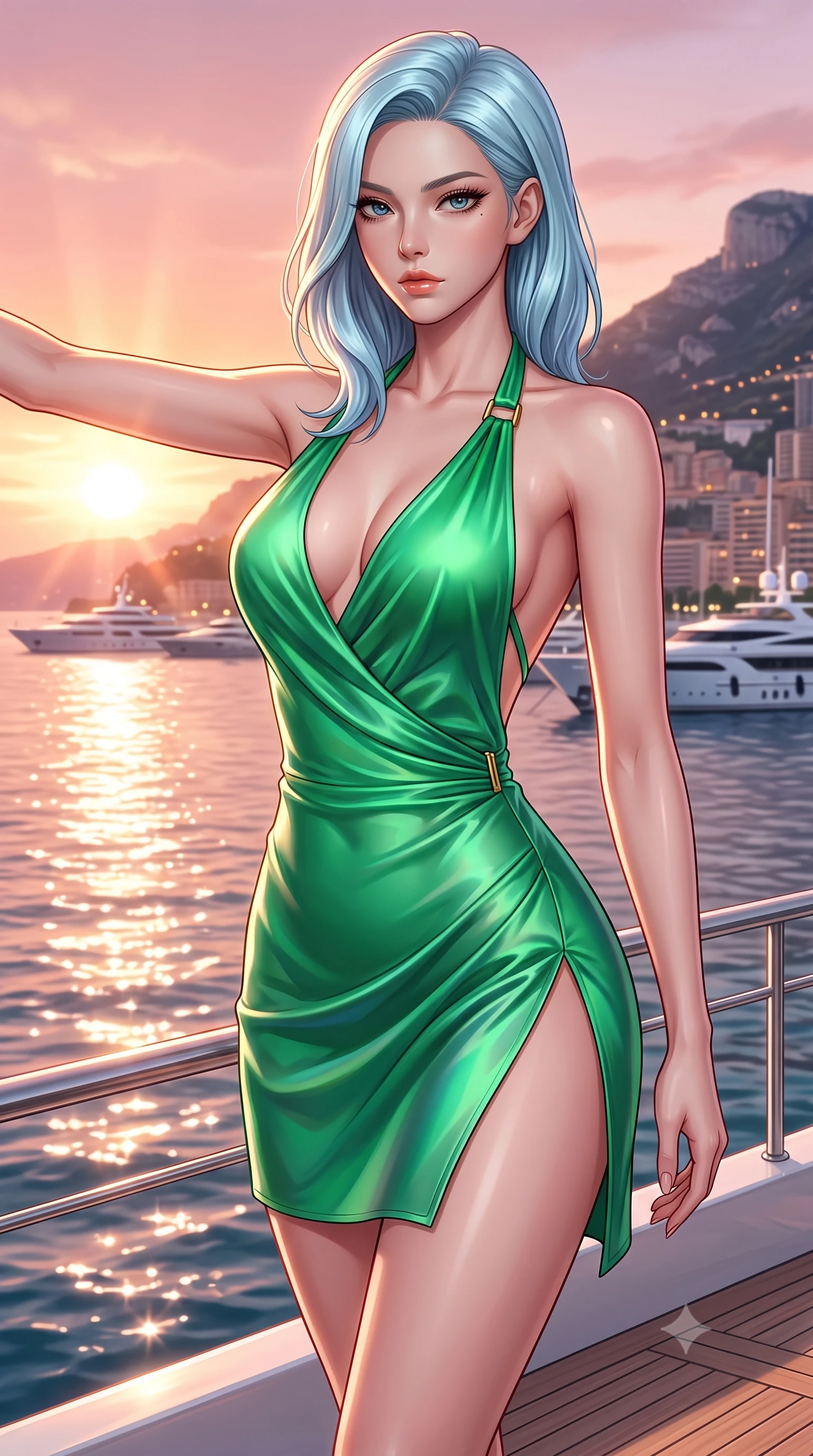 score_9, masterpiece, best quality, ultra-detailed, high-budget anime keyframe, semi-realistic 3D game render, editorial fashion photography, tasteful artistic composition, Korean woman. close-up cowboy shot from the waist and thighs up, the character dominates the composition, filling the frame with her large presence. extending one arm gracefully toward the light while her torso arches in a sleek, alluring curve with magnetic intensity while standing with effortless supermodel poise at the stern of a 100-meter luxury superyacht docked in Monaco harbor at sunset. The surrounding environment is rendered in vivid detail and crisp panoramic clarity. vibrant luxury maritime aesthetic and high-fashion European glamour in panoramic sharpness. She has an exceptionally elegant, slender, and willowy female figure with an ultra-slim waist, a gracefully sculpted slender torso, toned flat midriff, and a refined slim silhouette. sharp v-shaped jawline, high-bridge nose, intricate jewel-like eyes with depth, thick eyelashes, glossy lips with a natural sheen, flawlessly proportioned anatomical accuracy, strict slender model proportions, natural body alignment, perfectly sculpted long slender limbs, ultra-slim waistline, clean dynamic posture without body distortion. wearing a form-contouring liquid satin halter-neck mini dress with a deep crossover cowl front, open back, and ultra-slender waist drape in bright emerald green satin and gold hardware, made of smooth iridescent silk chiffon that shifts colors with movement, complemented by criss-cross back straps highlighting her completely bare spine, the glove-like aerodynamic second-skin fit tightly clinging to her ultra-slender waist and athletic curves without adding bulk, accentuating her razor-sharp statuesque lines and slim hourglass silhouette. bathed in warm rose-gold sunset sunbeams and sparkling ocean surface reflections. highly saturated vibrant anime colors, detailed shading with soft gradients, rich glossy textures, high-contrast stereoscopic depth, volumetric dynamic lighting, master piece, 9:16 ratio