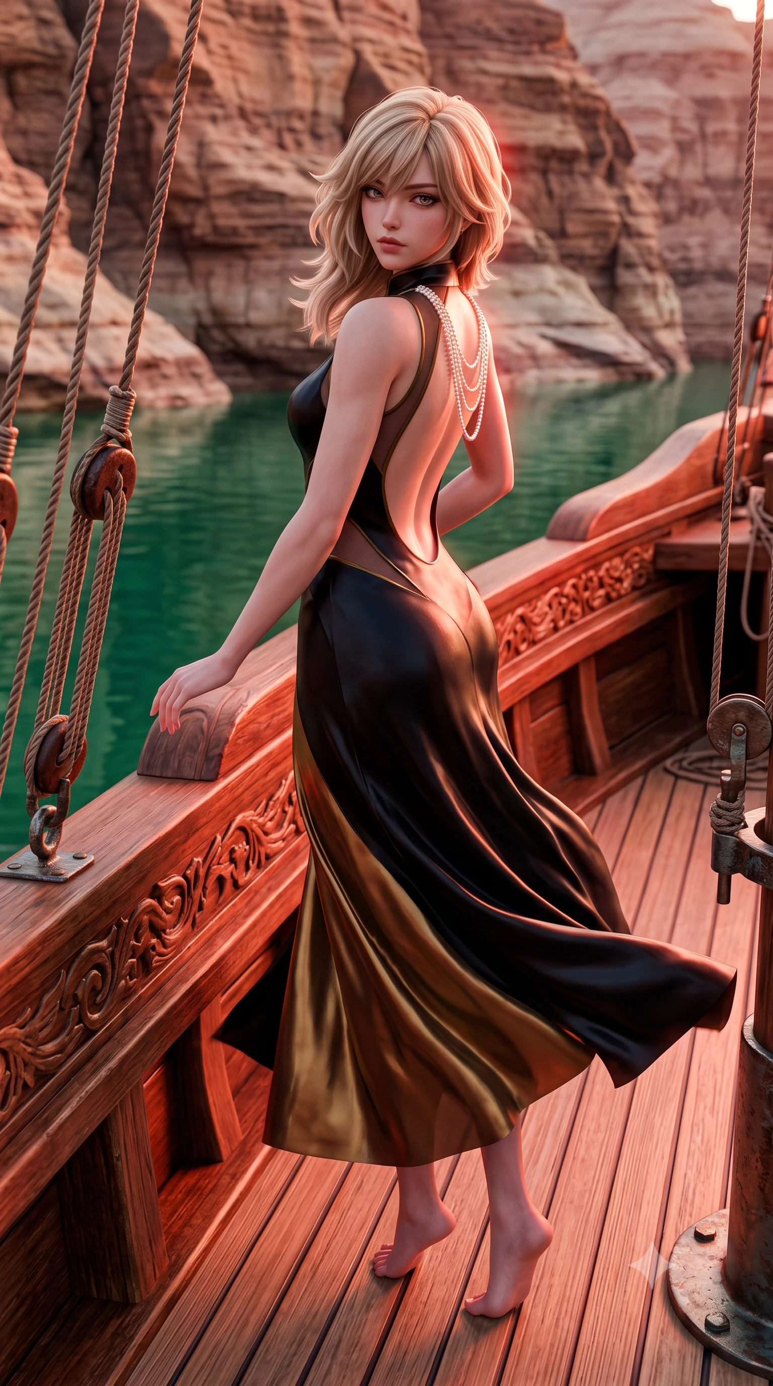 score_9, masterpiece, best quality, ultra-detailed, high-budget anime keyframe, semi-realistic 3D game render, editorial fashion photography, tasteful artistic composition, Japanese woman. low angle full-body shot from head to toe showing her feet, filling the entire 9:16 vertical frame with her statuesque presence, stretching her vertical silhouette. executing an elegant mid-motion pivot turn as garments swirl around her slender limbs, glancing over her shoulder with an intoxicating bedroom-gaze while leaning forward against the carved wooden dhow gunwale with lower back arched, looking over her shoulder at the glassy emerald waters. The surrounding environment is rendered in vivid detail and crisp panoramic clarity. sharp teak ship deck caulking, nautical rope rigging, and fjord sandstone strata in deep focus. She has an exceptionally tall and slender model-like 8.5-heads proportion, an ultra-slim waist, a flat toned midriff, narrow delicate ribcage, and beautifully sculpted feminine hips creating a graceful, slim hourglass silhouette without any bulky heaviness, with impossibly long slender legs. sharp v-shaped jawline, high-bridge nose, intricate jewel-like eyes with depth, thick eyelashes, glossy parted lips with a natural sheen, intensely captivating and seductive bedroom-eyes expression, flawlessly proportioned anatomical accuracy, strict slender model proportions, natural body alignment, perfectly sculpted long slender limbs, ultra-slim waistline, clean dynamic posture without body distortion. wearing a wet-look silk fusion wrap dress with asymmetrical sheer mesh cutouts and high Mandarin collar in midnight obsidian black and liquid gold, made of fluid silk crepe with delicate inner corsetry boning, accented with a multi-strand pearl back necklace cascading down her bare spine to her hips, the precision-cut side openings and low-back scoop framing her graceful spine and the sensual sweep of her slim, toned hips. bathed in blazing crimson and copper sunset backlighting and warm water surface bounce fill. highly saturated vibrant anime colors, detailed shading with soft gradients, rich glossy textures, high-contrast stereoscopic depth, volumetric dynamic lighting, master piece, 9:16 ratio