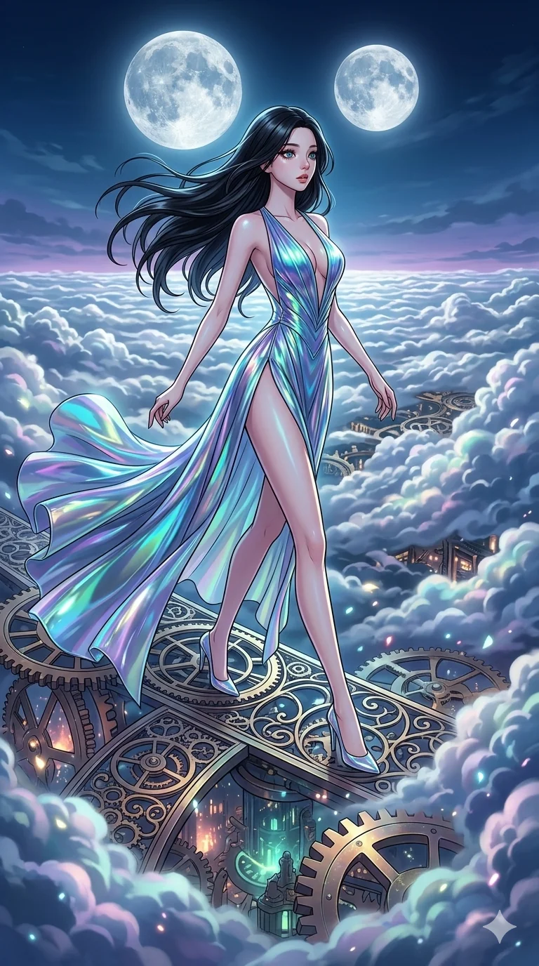 score_9, masterpiece, best quality, ultra-detailed, high-budget anime movie keyframe, cinematic anime lighting, intricate line art, Caucasian (strictly human ears) woman. Dynamic full-body shot stretching the vertical silhouette across the 9:16 frame. navigating a sea of clouds in a clockwork heart of a city under a twin-moon sky. She has an absolutely perfect 8-heads proportion, an exceptionally tall and slender female figure with an ultra-slim waist and impossibly long slender legs. sharp v-shaped jawline, high-bridge nose, intricate jewel-like eyes, thick eyelashes, glossy lips. Wearing avant-garde high-fashion gown made of iridescent vinyl with a dangerously high side slit and a plunging neckline, revealing an ultra-slim waist and long slender legs. The scene is illuminated by dramatic atmospheric lighting and vibrant color palettes. , 2k, ultra detail, master piece, 9:16 ratio