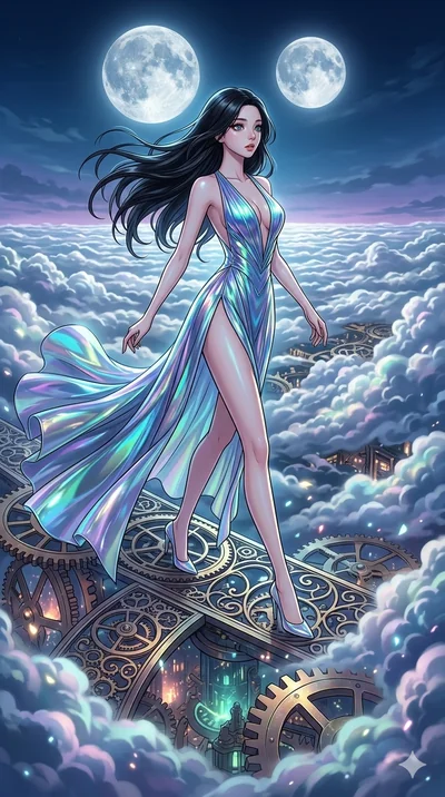score_9, masterpiece, best quality, ultra-detailed, high-budget anime movie keyframe, cinematic anime lighting, intricate line art, Caucasian (strictly human ears) woman. Dynamic full-body shot stretching the vertical silhouette across the 9:16 frame