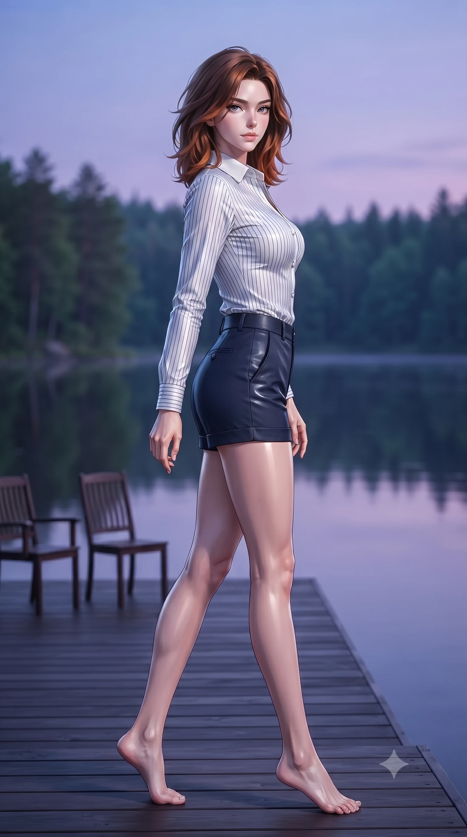 score_9, masterpiece, best quality, ultra-detailed, high-budget anime keyframe, editorial fashion photography, tasteful artistic composition, Korean woman woman. low angle full-body shot from head to toe showing her feet, filling the entire 9:16 vertical frame with her statuesque presence, stretching her vertical silhouette. stepping gracefully while looking back over her shoulder, her dress draped tightly to reveal her silhouette the background shows a soft-focus a simple dark wood deck extending over a calm forest lake, with two chairs. She has an absolutely perfect, statuesque 8.5-heads proportion, an exceptionally tall and slender model-like female figure with impossibly long slender legs and an ultra-slim waist. sharp v-shaped jawline, high-bridge nose, intricate jewel-like eyes with depth, thick eyelashes, glossy lips with a natural sheen. wearing a slim-fit tailored striped dress shirt with a neat collar and navy chino shorts. the serene purple and blue hues of twilight reflecting on the still water. ultra-reflective glossy finish, specular highlights, metallic sheen, high-contrast stereoscopic depth, volumetric dynamic lighting, 2k, ultra detail, master piece, 9:16 ratio
